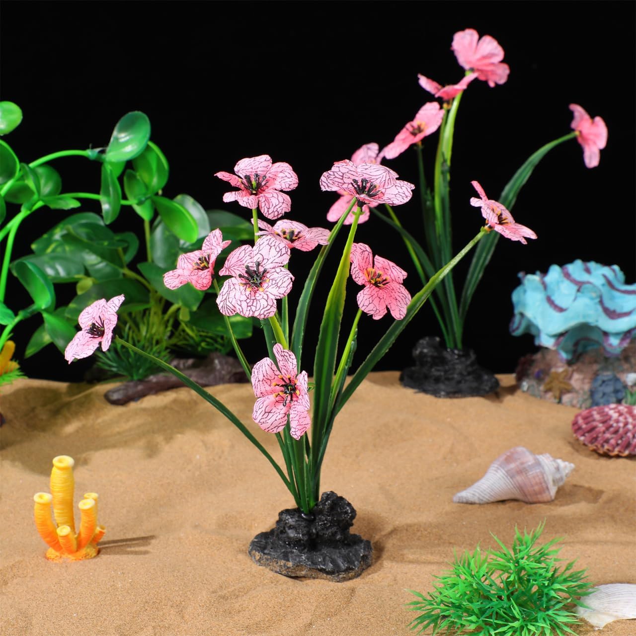 POPETPOP 2Pcs Fake Fish Tank Decorations Plants, Pink Fish Tank Decor with Stable Base, Plastic Realistic Silk Aquarium Plants for Betta Freshwater Decorations (8.3 Inch)