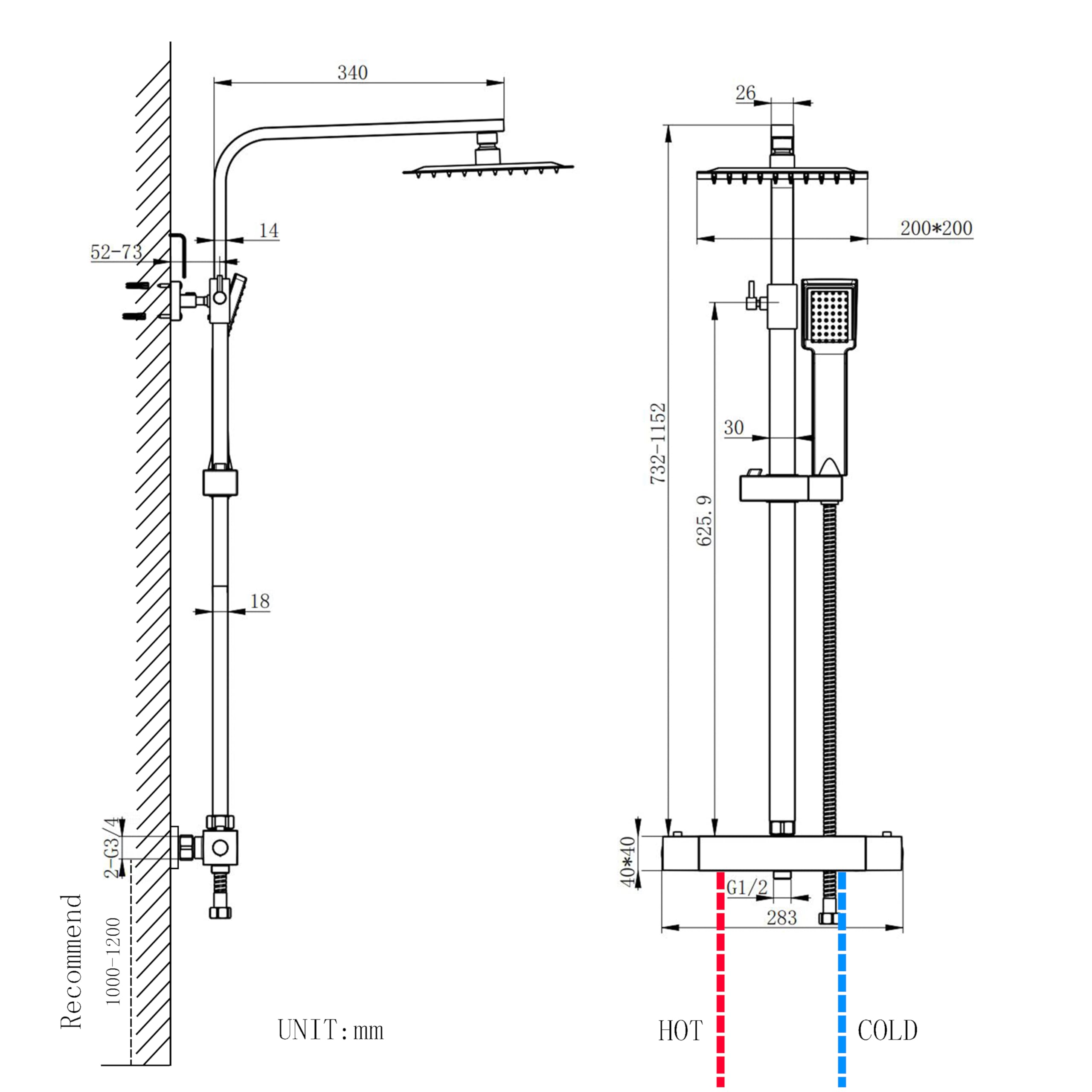 AICA ITALY ASTA DOCCIA con Soffione e Doccetta Quadrati Anticalcare, Colonna Doccia con Miscelatore Termostatico, Saliscendi Doccia Regolabile 73-117cm