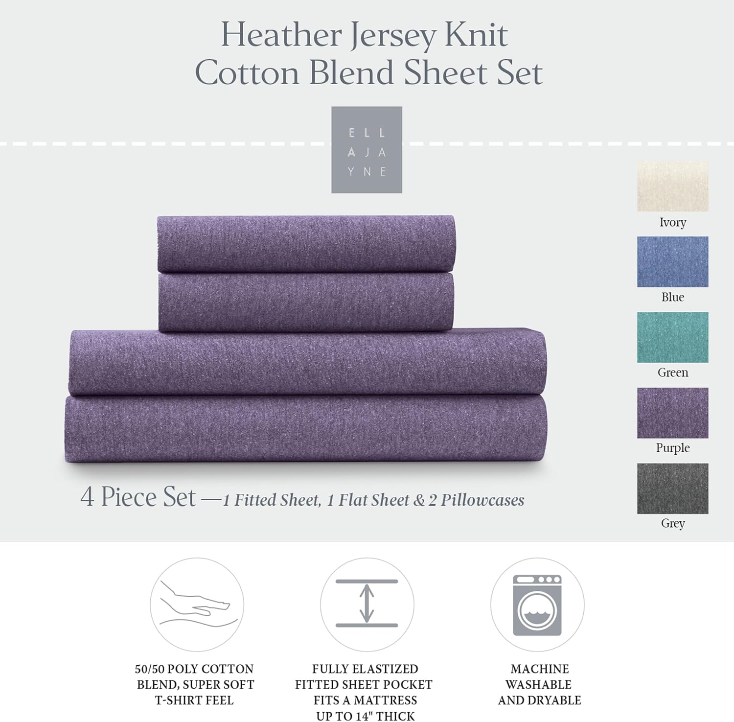 Ella Jayne Purple 4pc Jersey Knit Sheets Set (Twin Size, Deep Pockets)