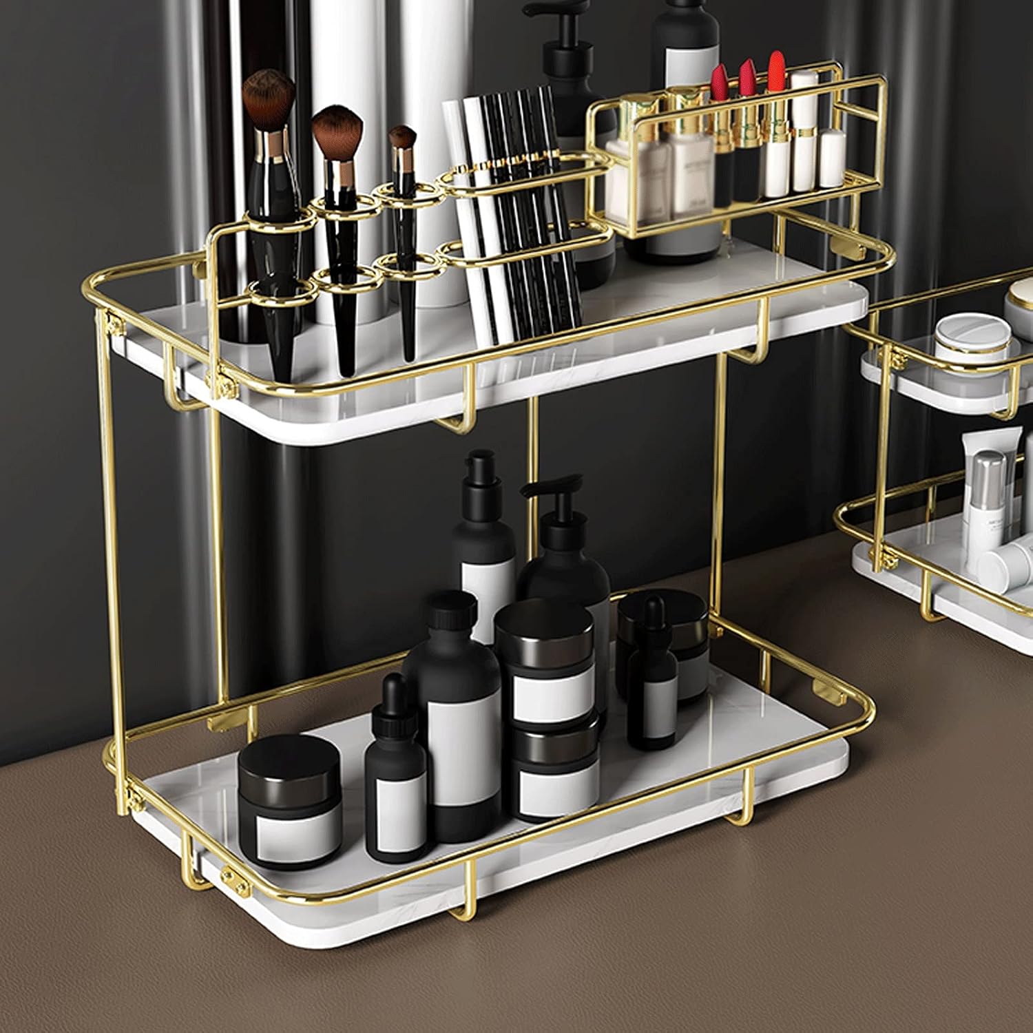 Bathroom Shelves Bathroom Organizer 1 Tier Bathroom Cosmetic Storage Shelf for and Countertop Decorative Wire Organizer with Marbling Tray White Dark Green Bathroom Shelf (Color : B) (C)