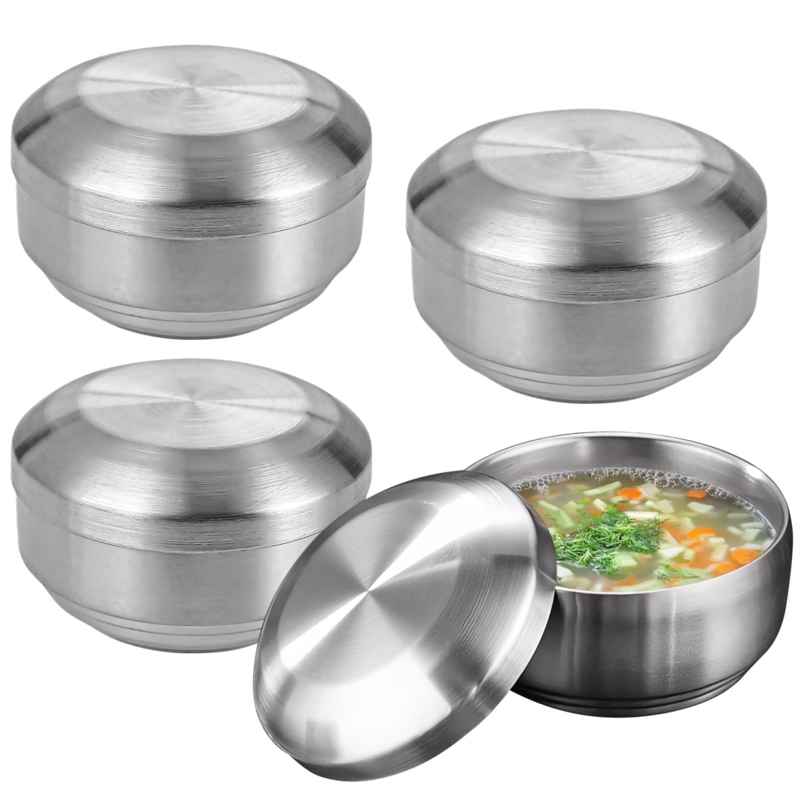4 Stk. Edelstahl Schüsseln mit Deckeln, aus 304 Edelstahl, 12,5 cm, doppelwandig isoliert, silber, Ramen Schüssel Set, koreanische Reis, Suppen und Nudelschalen für Nudeln, Reis und Suppe