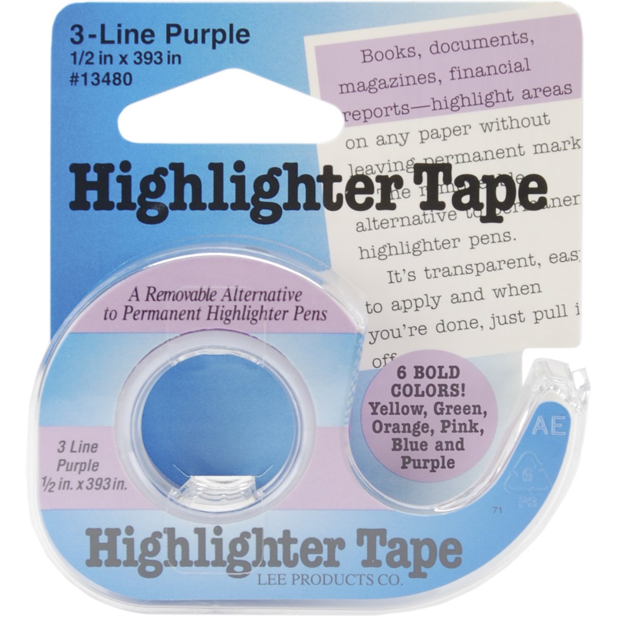 Lee Products Removable Highlighter Tape, 1/2" Wide x 393" Long, With Refillable Dispenser, Purple (13480)