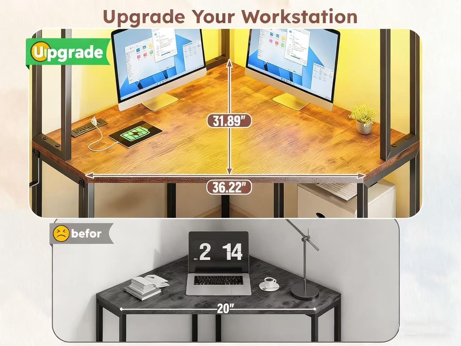 Corner Desk, 35.4" W x 63" H Office Desk and Small Gaming Desk with Hutch & LED Lights, Computer Desk with Drawers for Storage & Shelves and Hook for Small Space, Rustic Brown