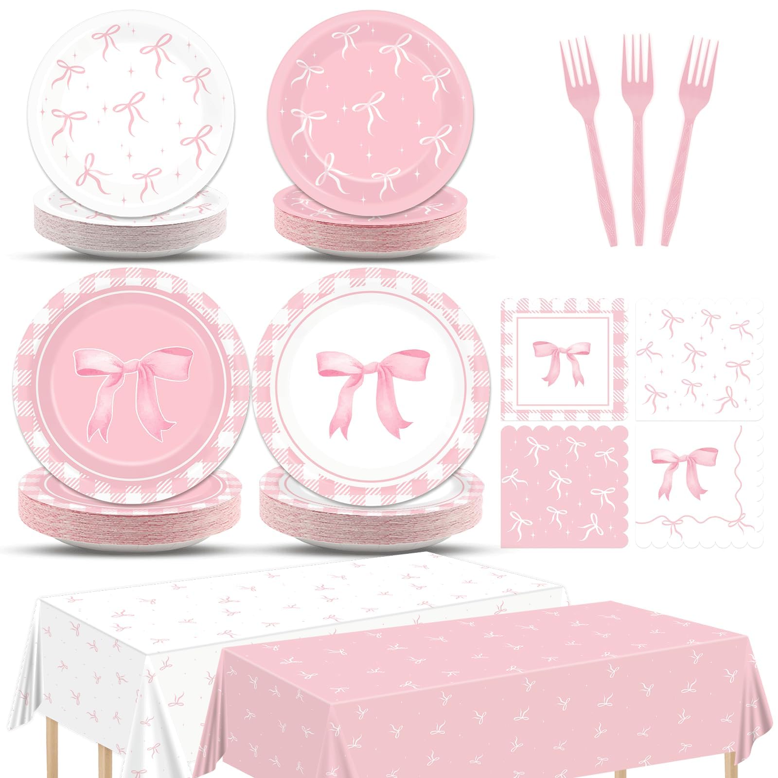 Photo 1 of 98pcs Pink Bow Party Supplies Bow Birthday Party Plates and Napkin Tablecloth Pink Bows Decoration for Girl Bachelorette Bridal Engagement Baby Shower Cute Tableware Table Cover Serve 24