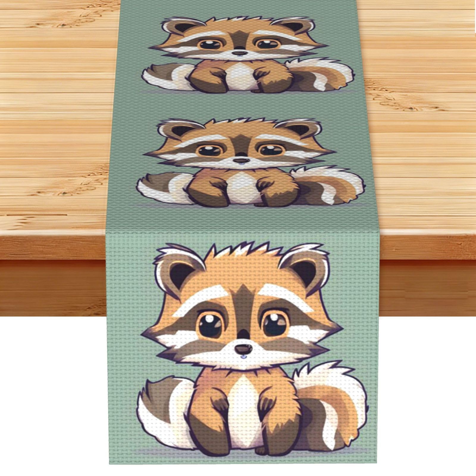 Cartoon Cute Raccoon Table Runner 13 x 72 Inches Long, Cotton Linen Table Runners for Kitchen Dining Table Decoration - Washable Tablecloth Modern Tablerunner for Home Party Decor