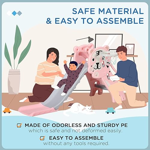 Miniatura 6 de Qaba Tobogán 3 en 1 para niños pequeños, juguete para niños, fácil de instalar, con aro de baloncesto para niños de 18 a 36 meses, color rosa