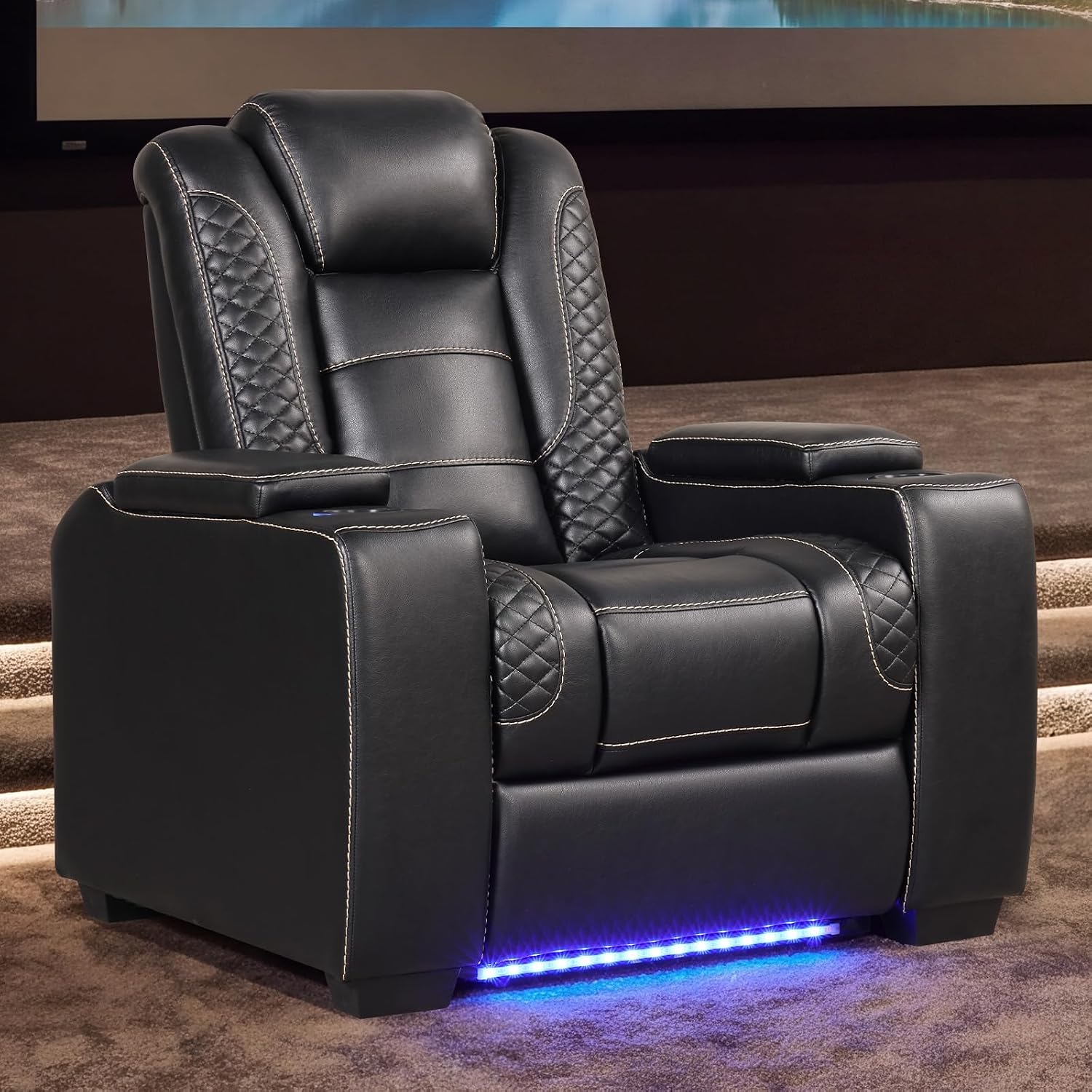 EBELLO Power Home Theater Seating, Electric Gaming Recliner Chair with Adjustable Headrest, Faux Leather Movie Reclining Chairs with Cup Holders LED Lights,USB Port,Hidden Arm Storage, Black