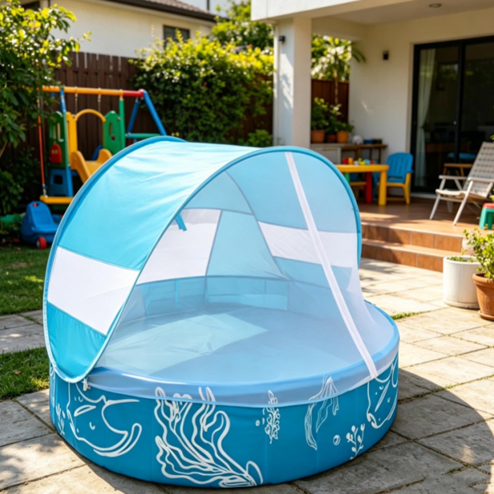 Basen Dla Dzieci Do Ogrodu Z Daszkiem i Siatką Nienadmuchiwana Zabawka | 120 cm x 30 cm Basen Ogrodowy Na zewnątrz, w ogrodzie, na patio, w parku, na plaży, podczas podróży, do