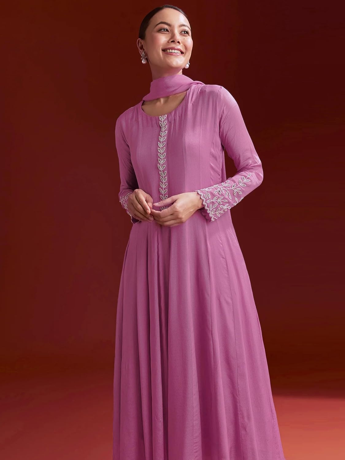 TRENDMALLS Women's Star Georgette Beads Embroidery Work Anarkali Kurta Pant Set with Dupatta Salwar Suit Set For Women