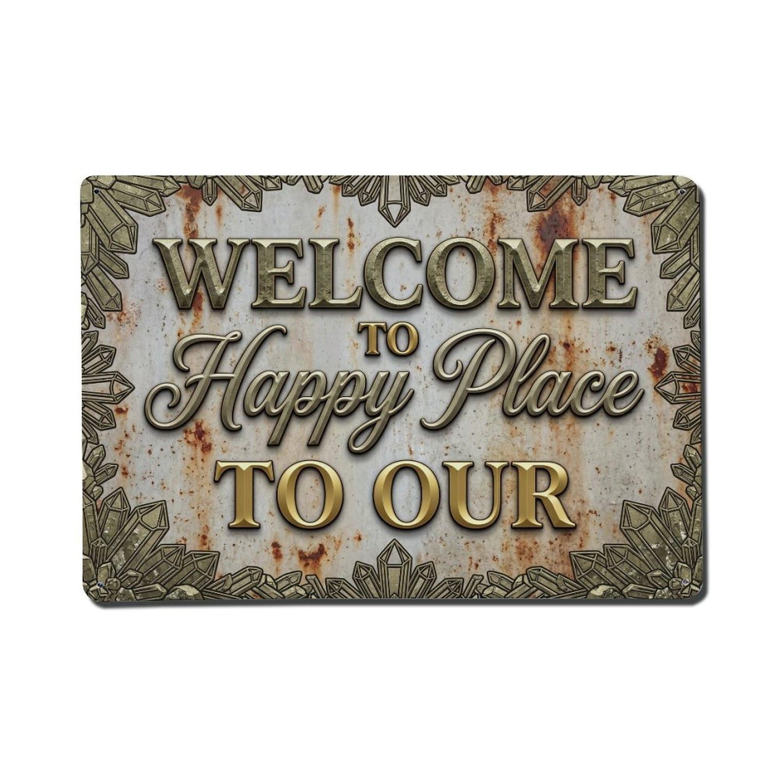 Okngb Style Pyrite Stone Welcome Happy Place Worn Texture Border Metal Tin Sign Plaque Wall Decor For Cafe, Man Cave, Club Bar, Office, Home Garden Round Metal Poster 8X12inch