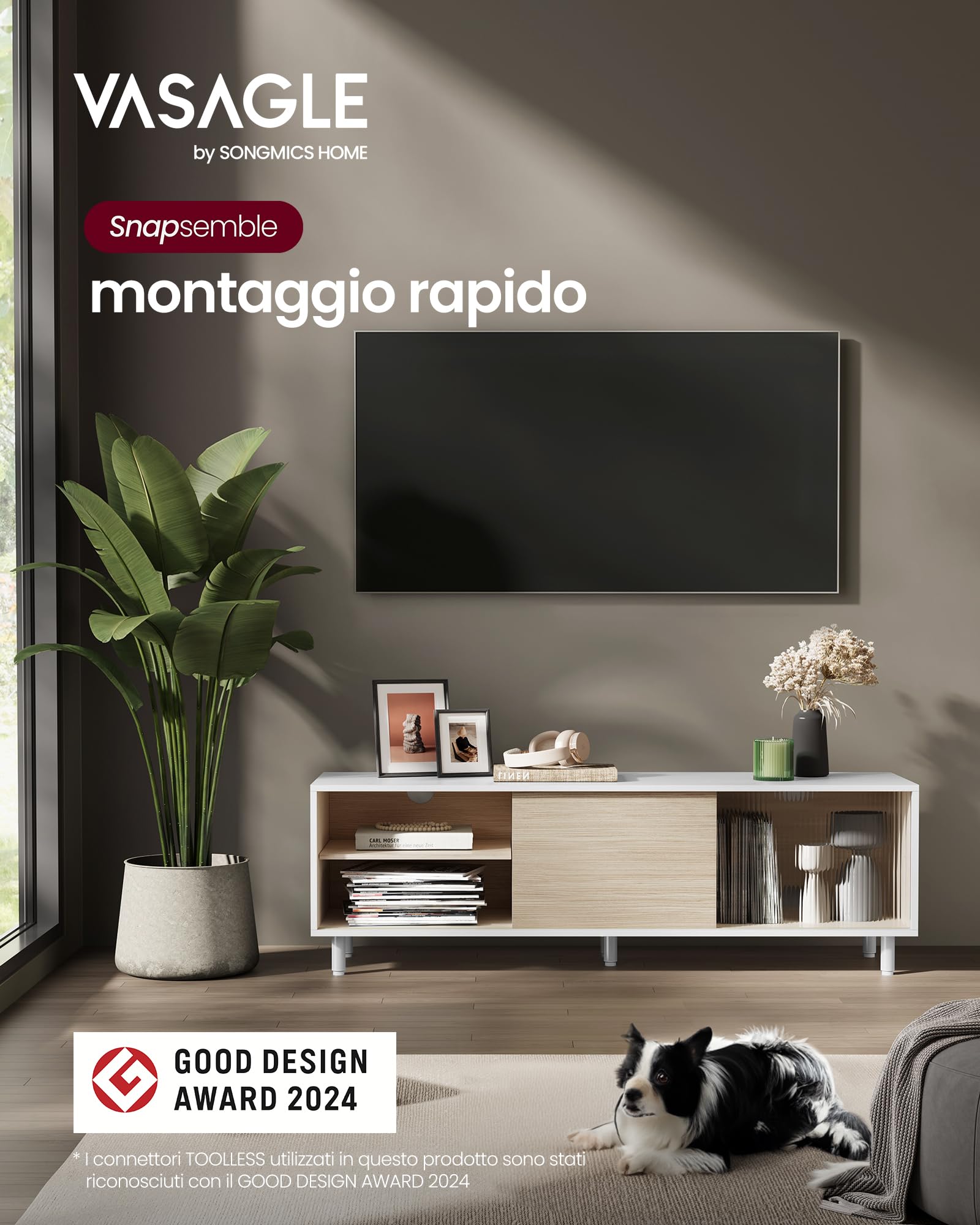 VASAGLE Mobile TV per Televisore fino a 32/45/50/55/60 Pollici, Montaggio Rapido Senza Attrezzi Toolless, per Soggiorno, Vetro Scanalato, Moderno, 140 x 39 x 45 cm, Bianco LTV466W01