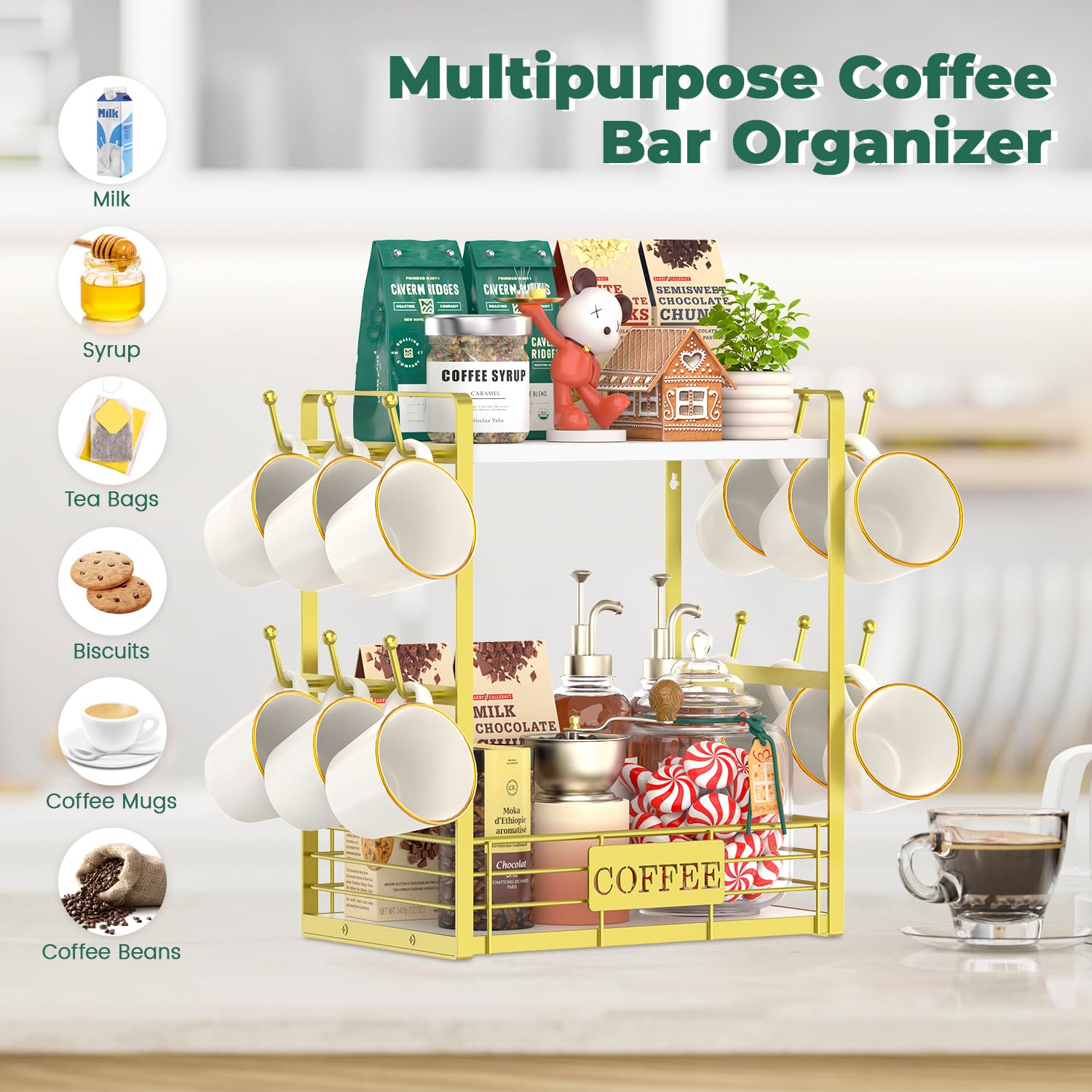 EsLuker.ly 2 Tier Coffee Bar Organizer Countertop Station Rack for Kitchen Multi-Functional Coffee Mug Holder Display Stand - Image 4