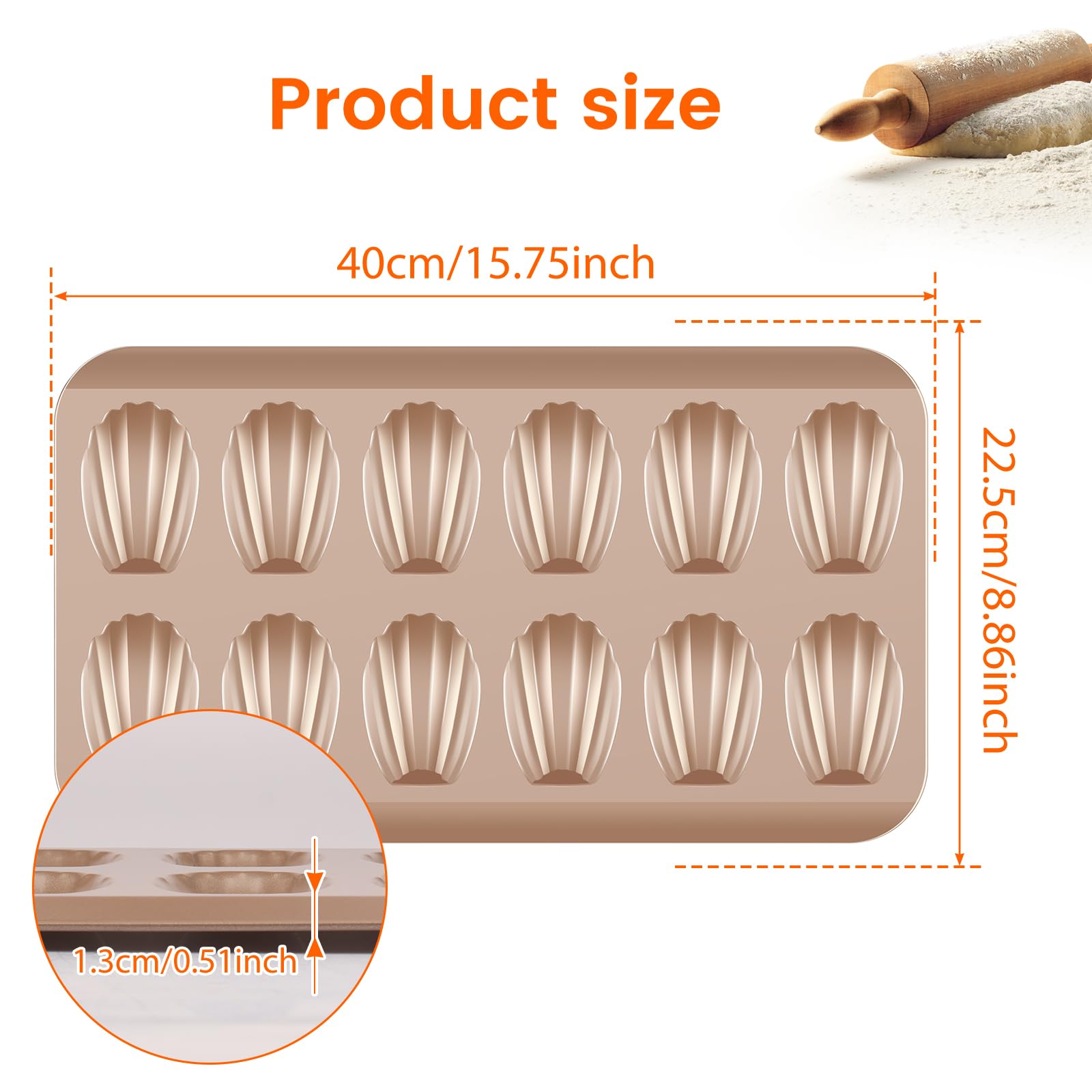 FALESOUL 2 Pack Madeleine Pans for Baking, 12 Cavity Heavy Duty Shell Shape Baking Mold Nonstick Cookie Cake Pan, Heavy Duty Madeleine Cookie Pan for Oven (Gold)