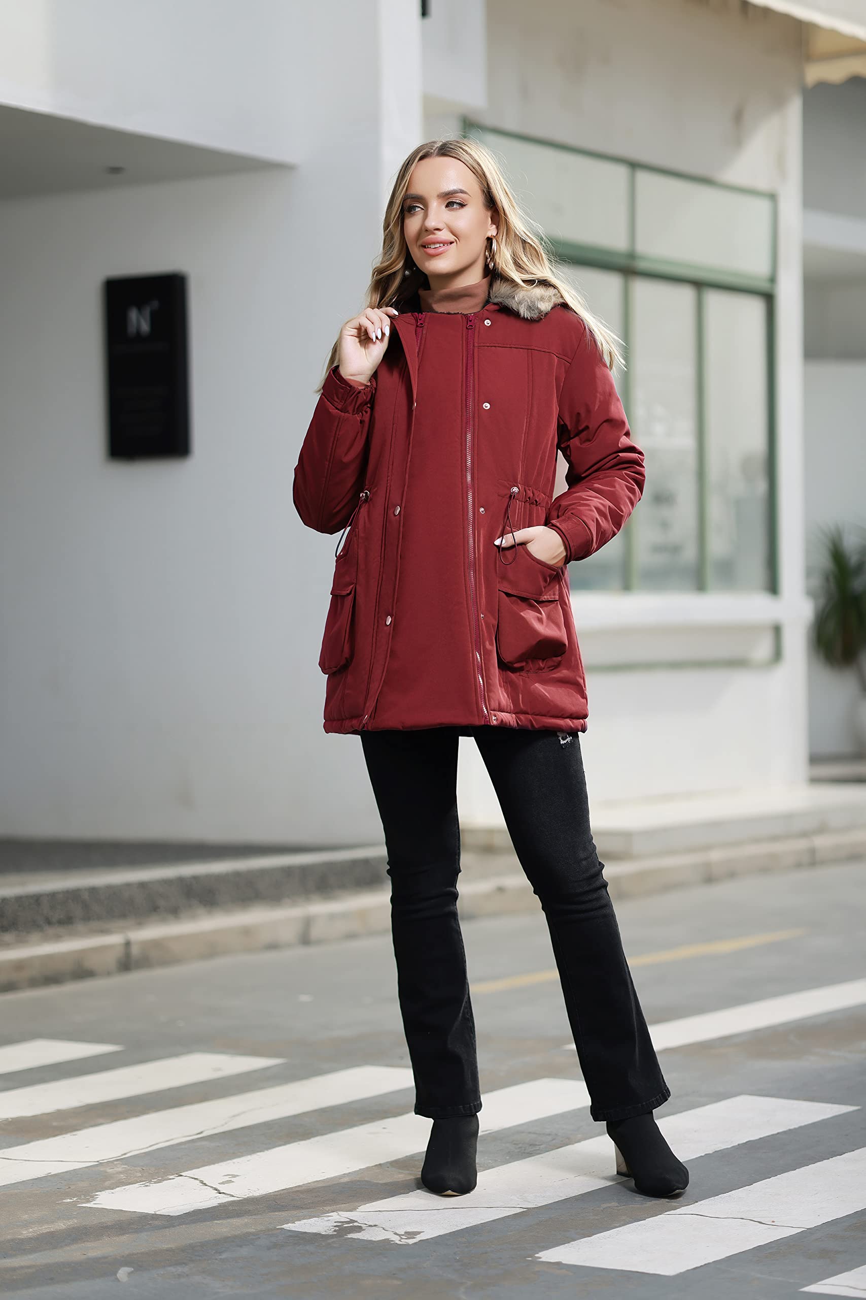 Maacie Umstandsmantel für Damen, 3-in-1, verdickt, mit Fleece gefüttert, Winter, warm, mit Kapuze, wein, M