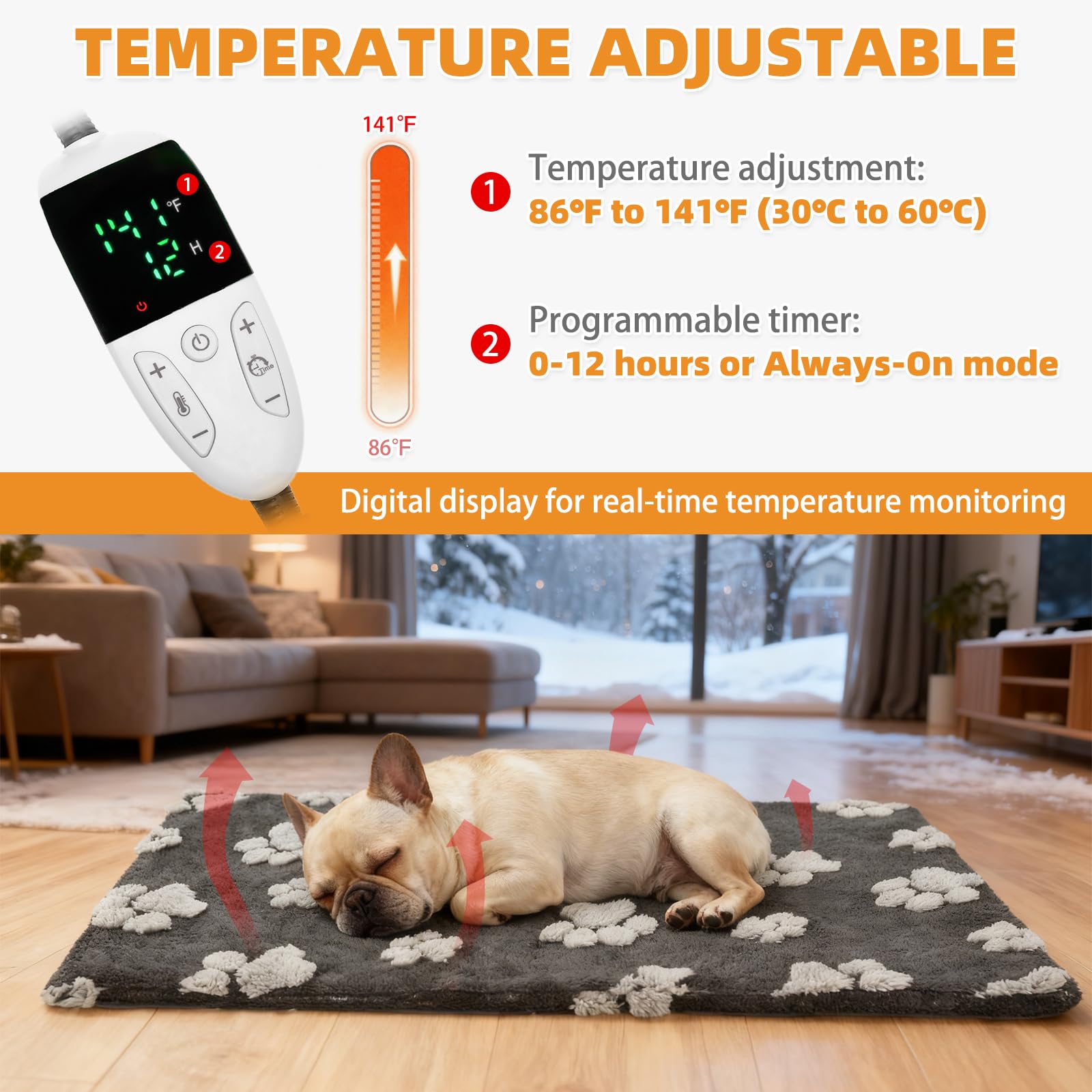 KOOLTAIL Coussin chauffant pour chien avec interrupteur intelligent amélioré, tapis chauffant pour animal domestique avec cordon anti-morsure, fonction constante, tapis de cage chauffant pour chiens