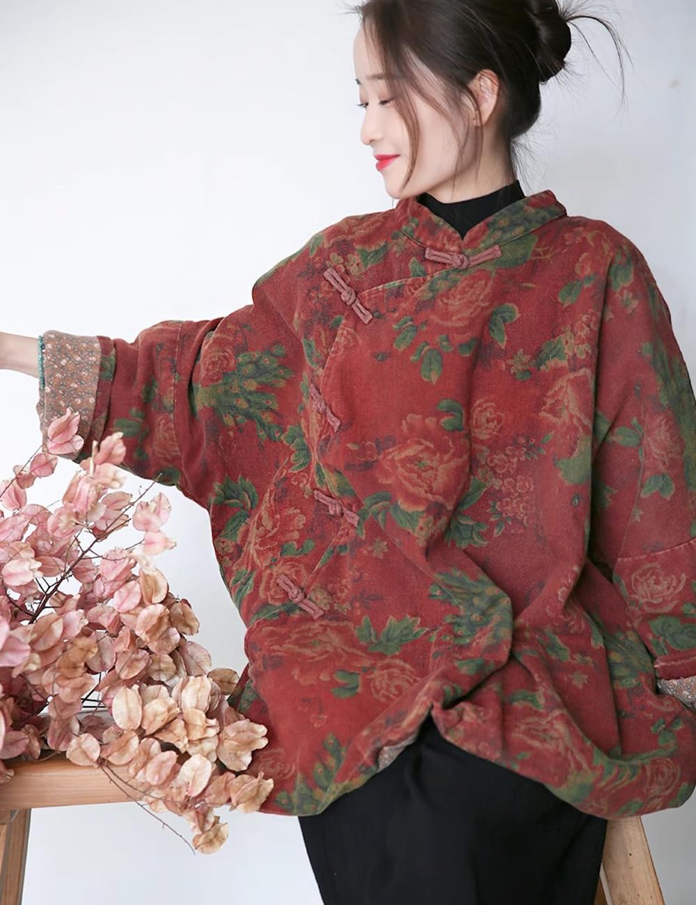 NFYM Women's Wealth Floral Pattern Stand Collar Chinese Jacket Traditional Frog Button Cheongsam Style Loose Padded Coat