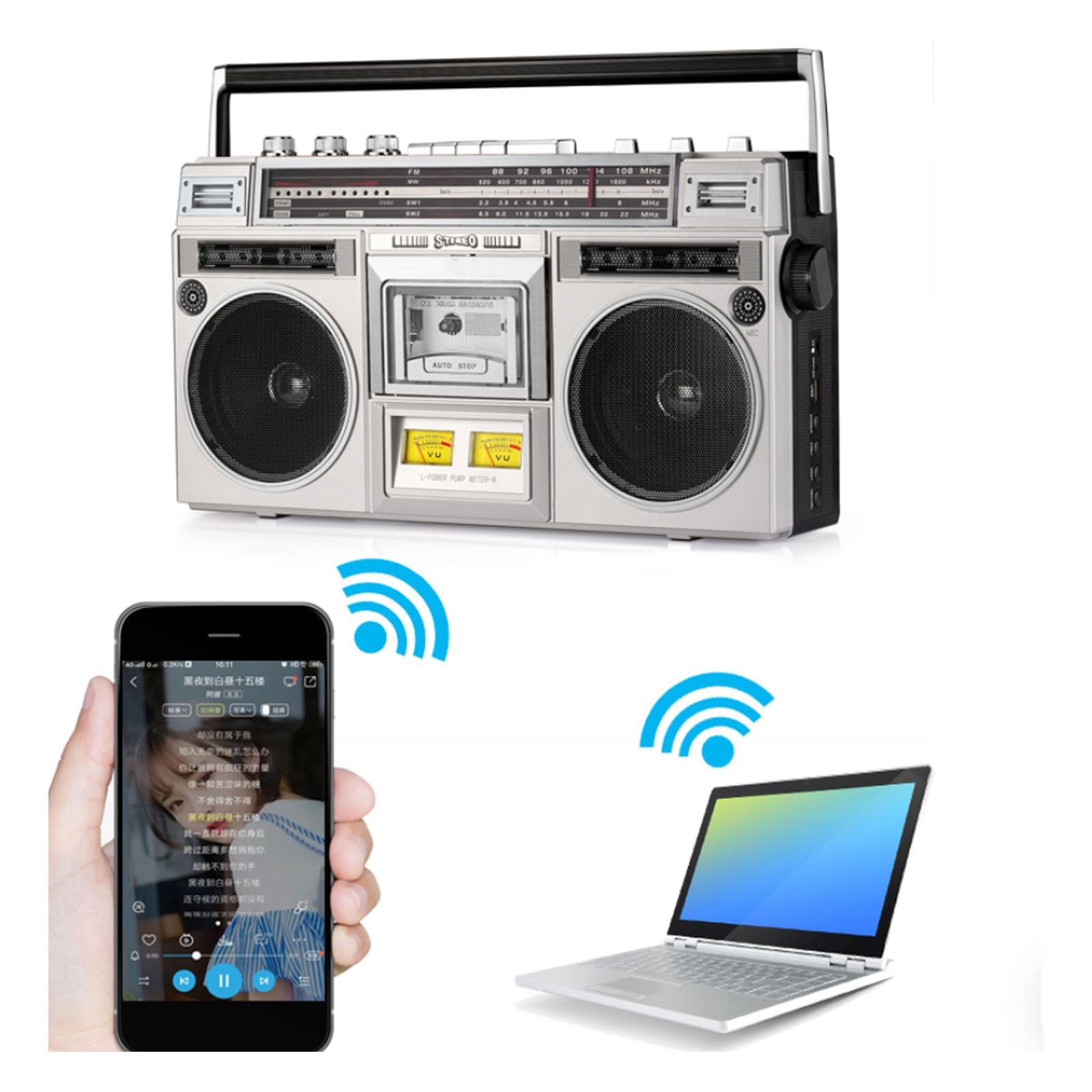 Lettore radio stereo portatile con CD, cassetta, Bluetooth, ingresso SD/USB e registratore a nastro, per riunioni di famiglia e viaggi