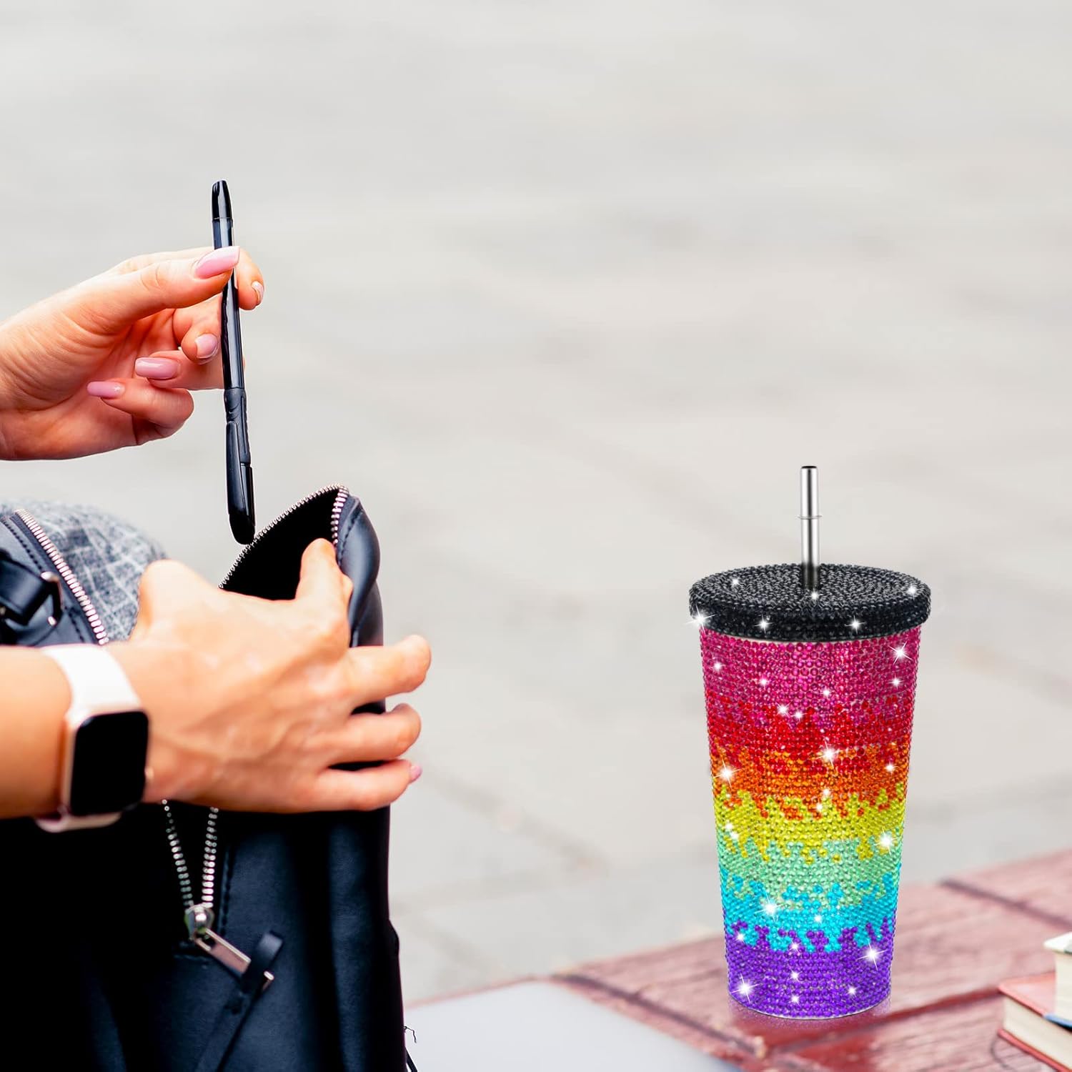 Mimorou Studded Bling Diamond Tumbler Glitter Water Bottle with Lid Stainless Steel Vacuum Thermal Straw Rhinestone Tumbler with 1 Pcs Cup Brush 6 Pcs Straw Brushes for Women(rainbow Color,16.9 Oz)