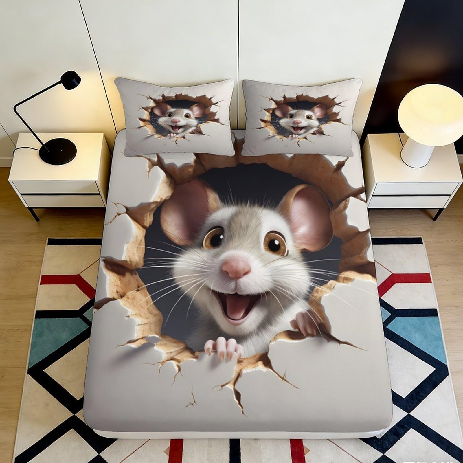 3D Printed Cartoon Mouse Theme Fitted Sheet Microfiber Anti-Slip Bed Cover for Kids Teens Bedroom Dorm Decor 90x200x25cm