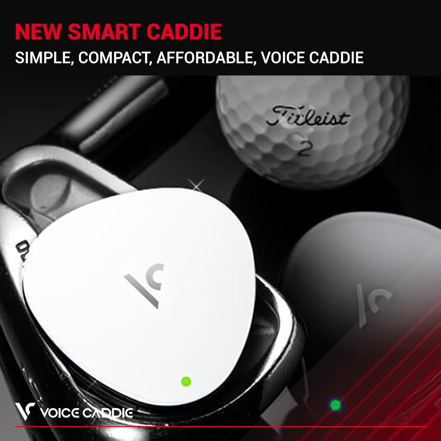 VOICE CADDIE VC300SE clipped onto the brim of a golf hat.