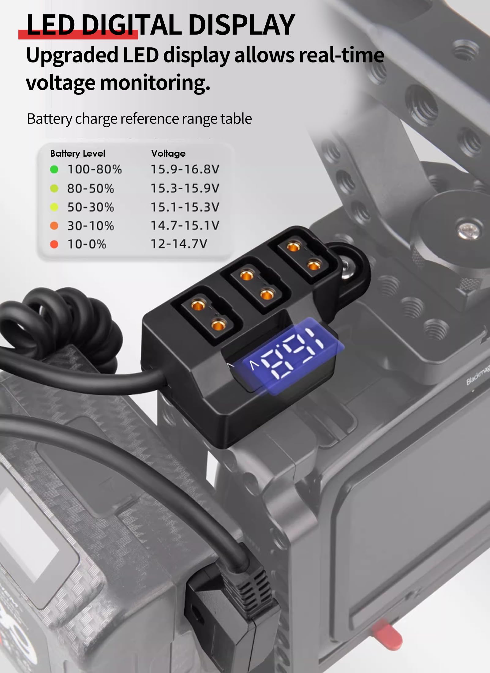 Cable Divisor de DTAP, Cable de Alimentación de DTAP Macho a 3 Puertos Hembra con Pantalla de Voltaje, 8a D Tap Voltímetro de Cubo para Batería de Cámara V, Jaula de Cámara,