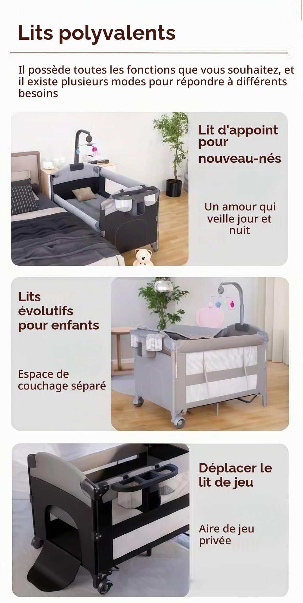 Lit Parapluie de Voyage Pack and Play, Pliables Bébé Lits pour Tout-Petits a Côté de Moi et Lit de Chevet Portable Grand avec Table a Langer et Matelas 2 Niveaux (6602 Grey Without Net)