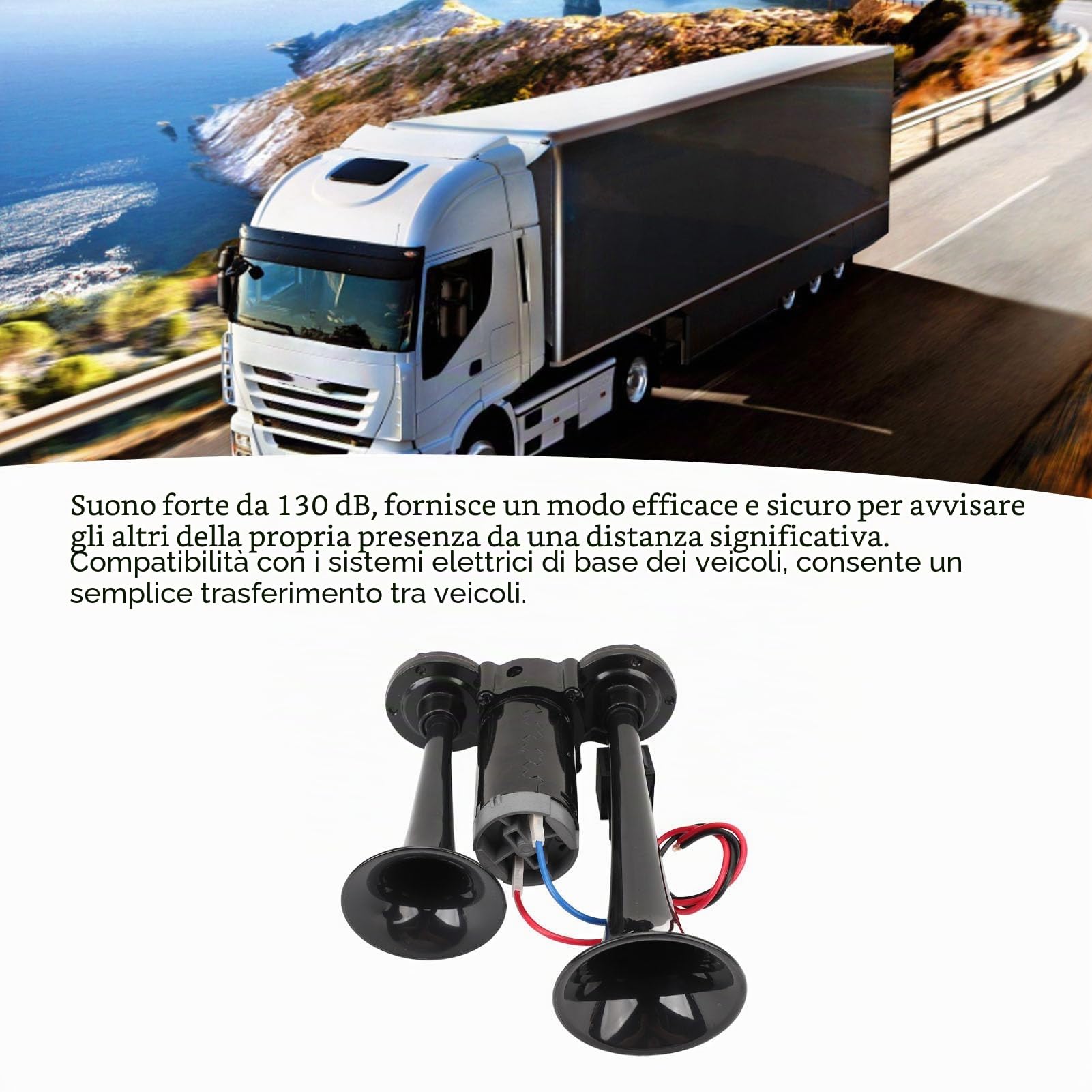 SIXRUN Clacson ad Aria Doppia Tromba 130 dB, 24V con Compressore, Metallo Cromato, per Camion Yacht Treni