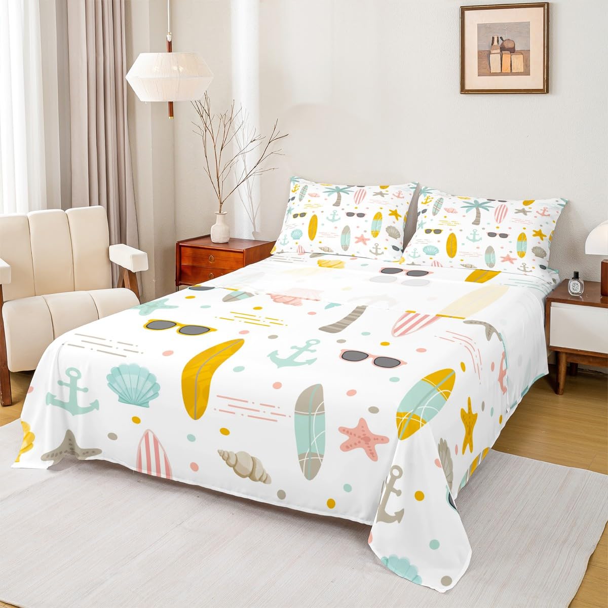 Nautical Anchor Bed Sheet Set for Kids Boys Girls Teens Hawaii Palm Tree Sheet Set Queen Size Surfboard