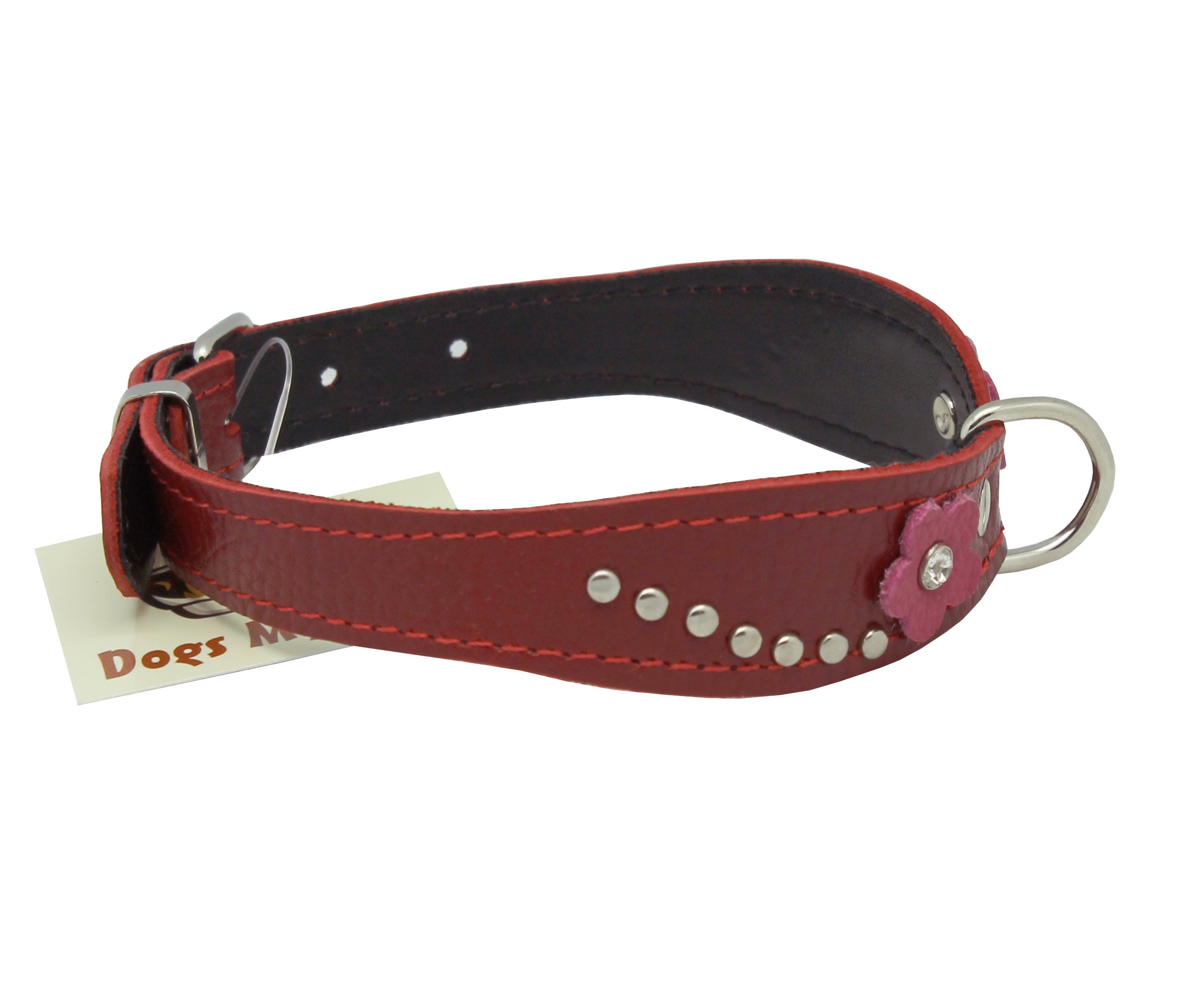 Dogs My Love Brown Genuine Leather Designer Dog Collar 11 x3/4 with  Studs, Daisy, and Rhinestone