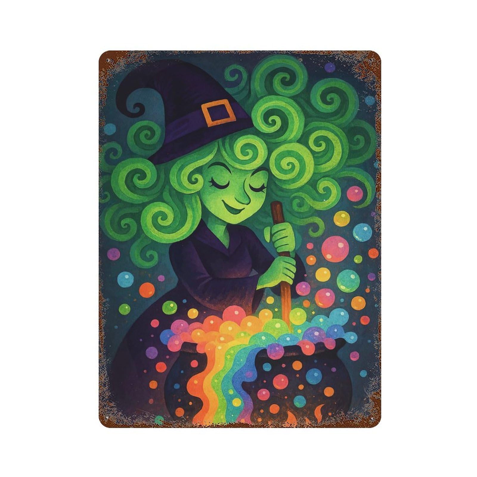 Garage Style Witch Stirring Rainbow Cauldron Rusty Metal Tin Sign 15.7"x11.8", Farmhouse Wall Decor for Bar And Workshop