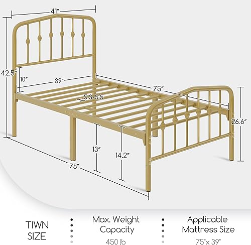 Miniatura 2 de Yaheetech Base de cama individual de metal con cabecera arqueada y estribo, fácil montaje, no necesita somier, estilo moderno, dorado antiguo, 2
