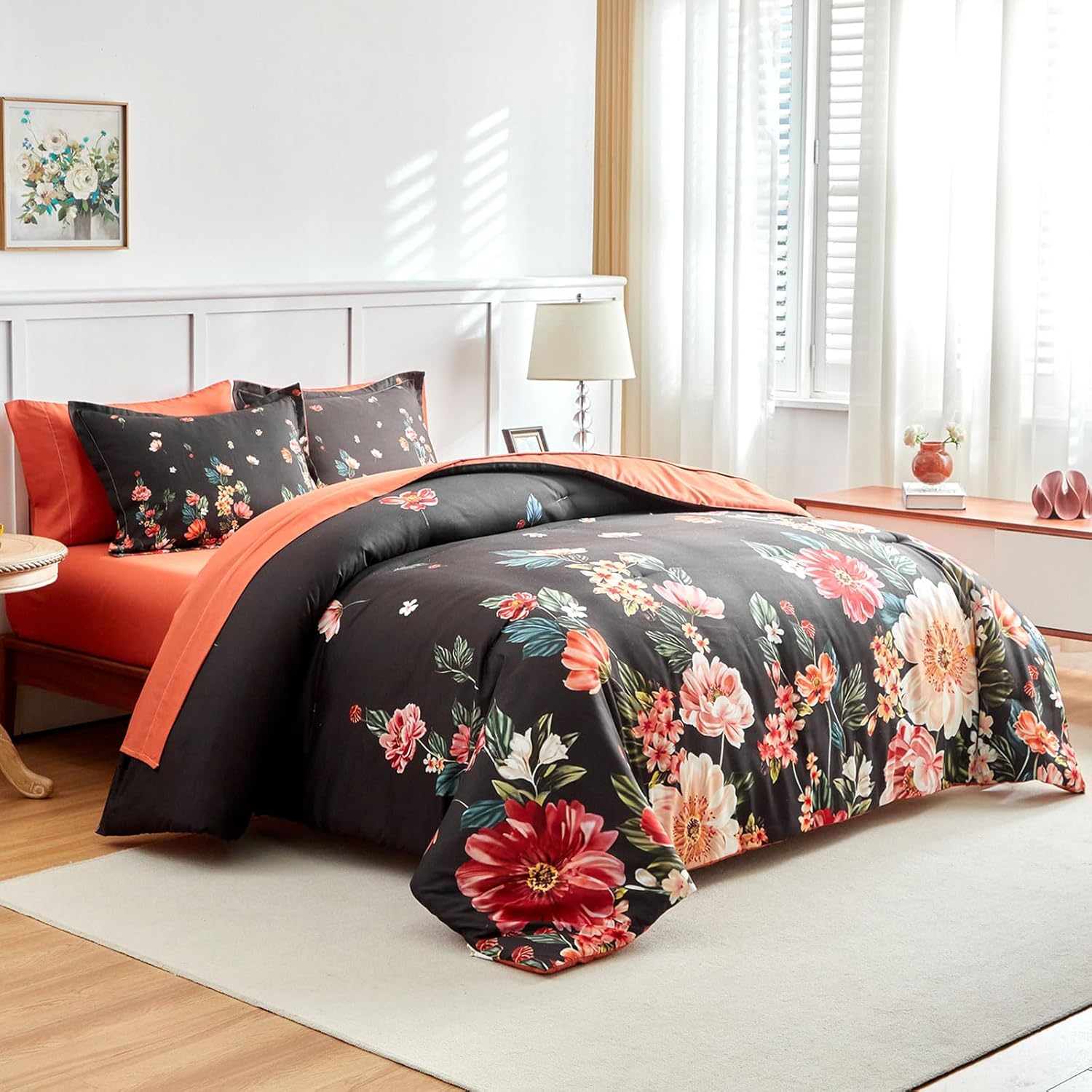 Joyreap 7 Piece Bed in a Bag King, Floral Comforter Sheet Set, Black n Orange Flowers Design, All Season Microfiber Bedding Comforter Set