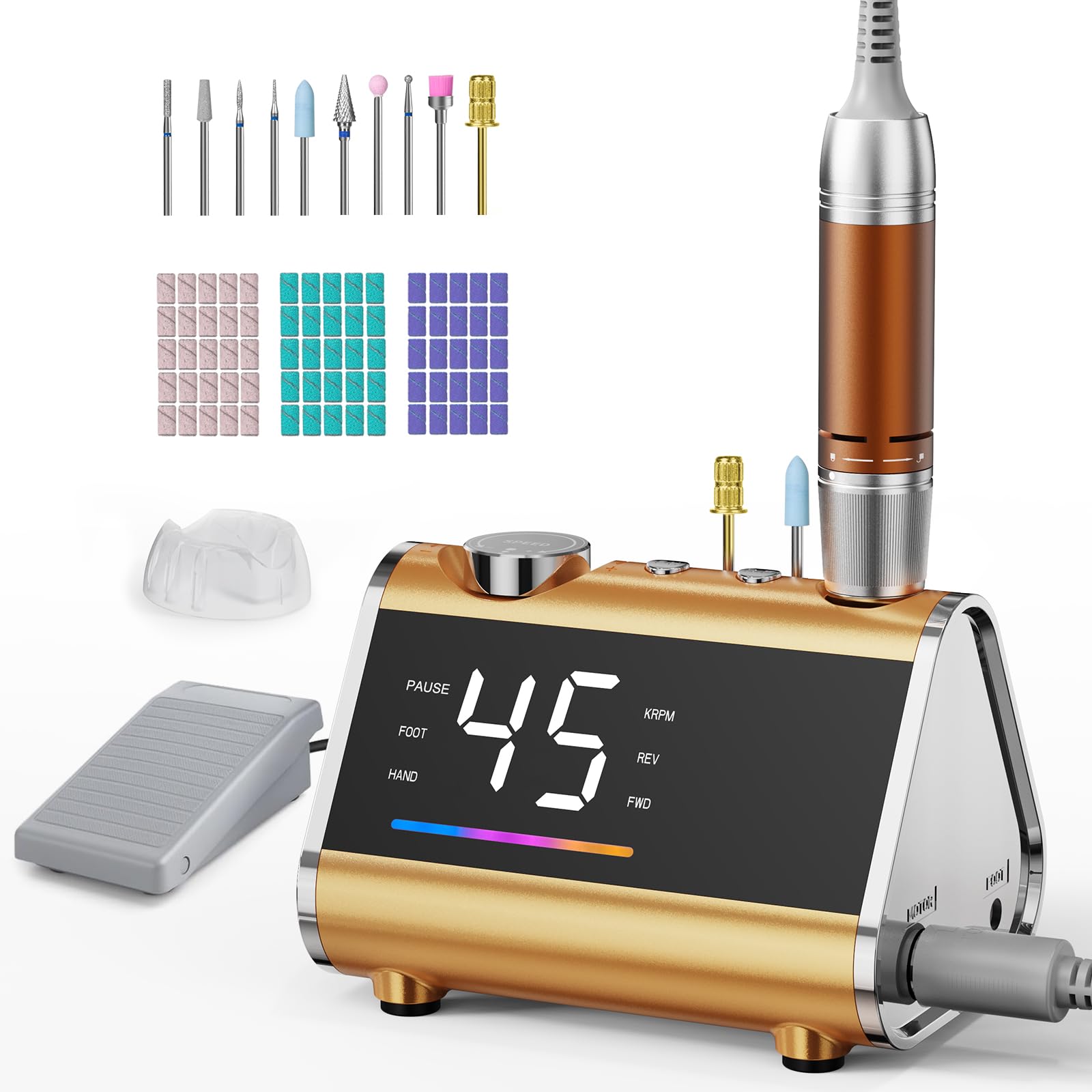 HOMEASY Torno para Uñas Profesional 45000 RPM, Máquina Pulidora de Uñas Eléctrica con Pantalla LCD HD y Pedal, Bajo Ruido y Vibración, Kit con 10 Brocas y 75 Bandas de Lijado para Uso en Casa y Salón | Pantalla LCD con funcionamiento de red y pedal para u