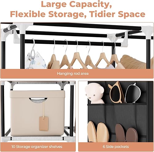 Miniatura 7 de VTRIN Armario portátil para colgar ropa de 57.3 pulgadas, perchero de gran capacidad con tapa, 10 estantes organizadores de almacenamiento, 1 barra