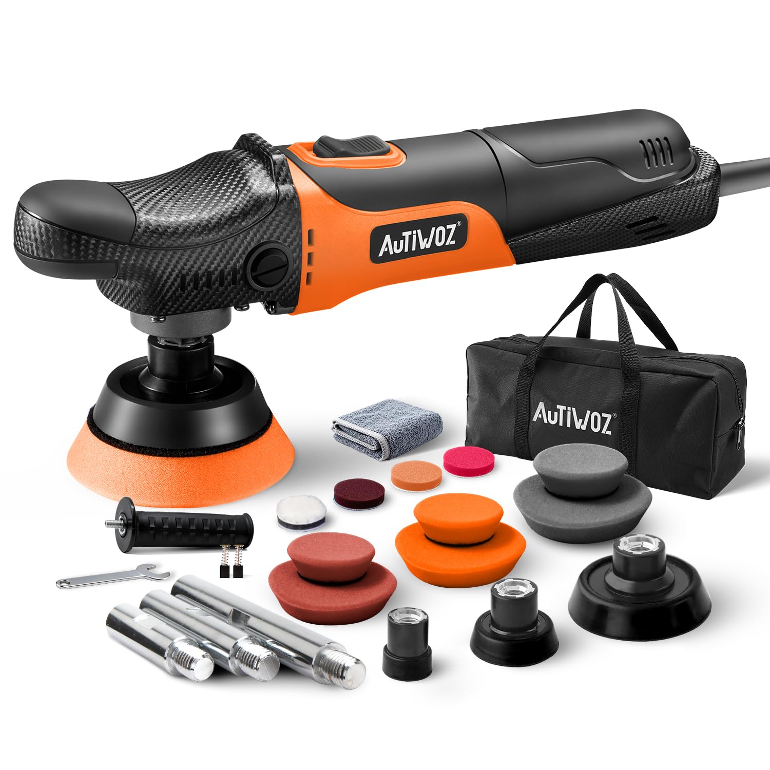 【2026モデル】Autiwoz W03 ポリッシャー 25/50/75mm ミニ カー シングル 電動 AC100V式 ロータリーポリッシャー 小型【M14延長バー付属】軽量1.52kg 研磨機 六段変速 2800-6800RPM 【車・バイクの細部傷処理/ヘッドライト/Aピラーの周りの傷/ドアハンドル/バンパー/ホイール研磨】ウール/スポンジパッド6種付属 収納袋+日本語説明書