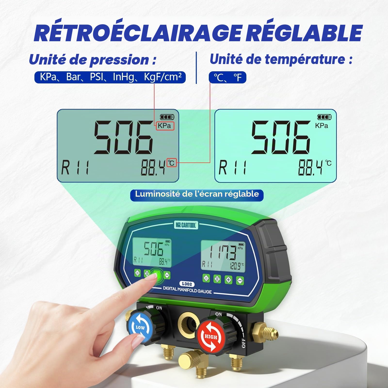 MR CARTOOL L302 Manometre Climatisation Voiture Numérique Manifold Manomètre Réfrigération Jauge avec 3 Flexibles 90 Fluides Frigorigènes pour Climatisation R32 R410A