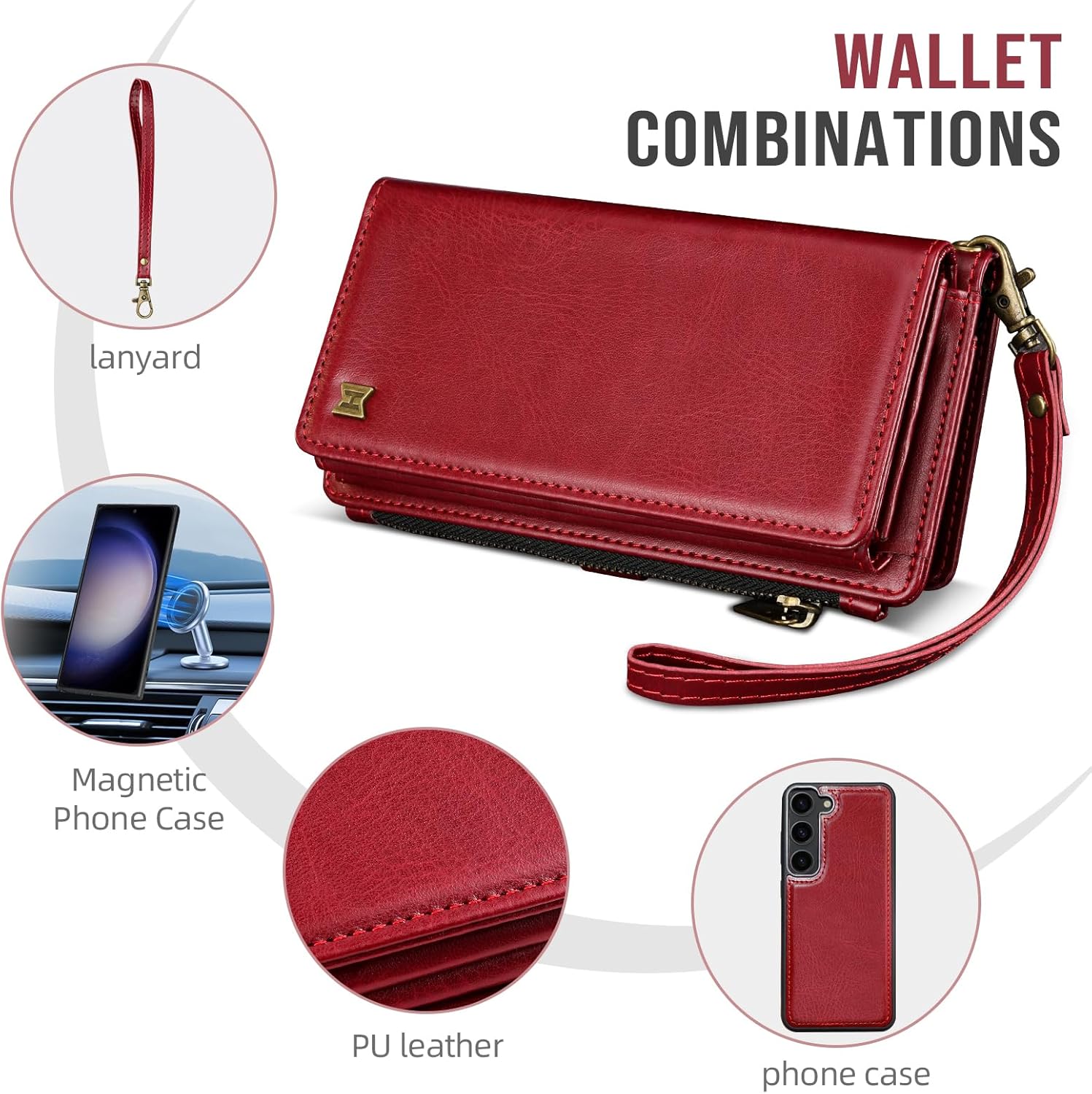 Phone Case for Samsung Galaxy S23 Plus S23+ 5G Wallet Magnetic Detachable Cell Cover with Tempered Glass Screen Protector Strap Zipper Card Holder S23plus 23S + S 23 23+ SM-S916U 6.6 inch Red