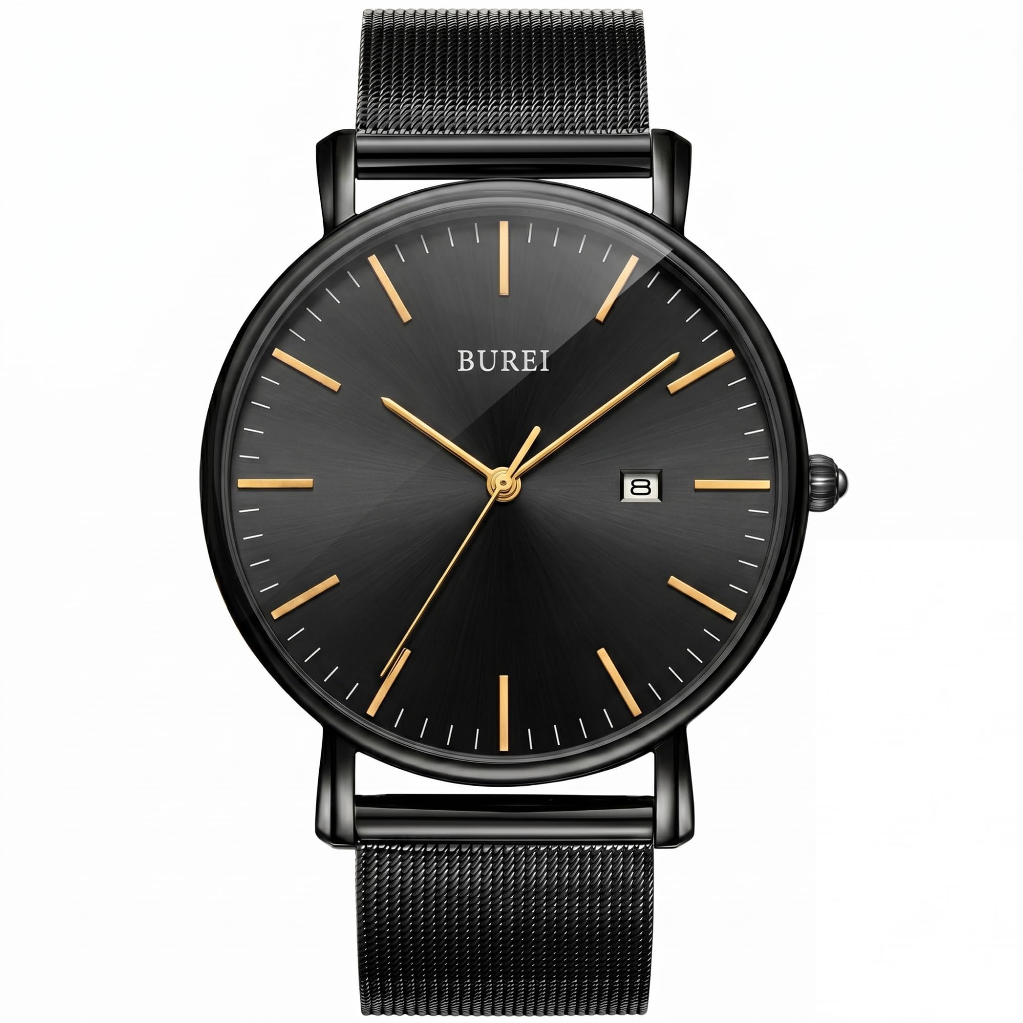 BUREI Men's Watches, Classic Analogue Dial with Date Japanese Quartz and Ultra-Thin Stainless Steel Mesh Band