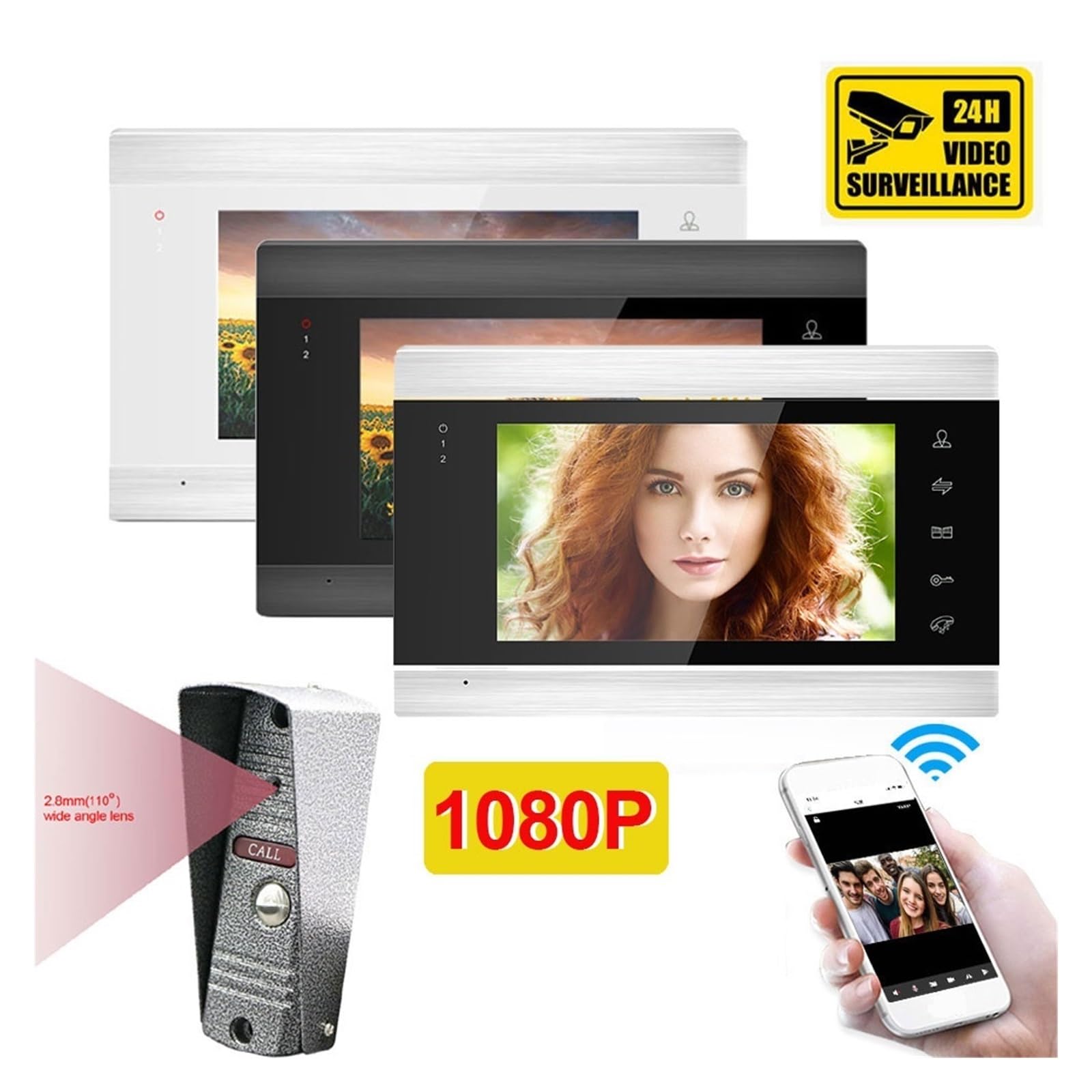 7 Cal Bezprzewodowy WiFi Smart IP Wideodomofon Domofon Z Przewodową Kamerą Dzwonkową 1080P, Obsługa Zdalnego Odblokowania Dwukierunkowa Transmisja DźWięKu(1080P Not TF-01)