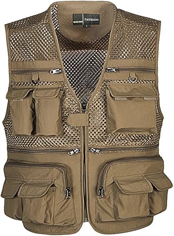 Ziker Mens Mesh Breathable Openwork Camouflage Journalist Photographer Fishing Vest Waistcoat Jacket Coat