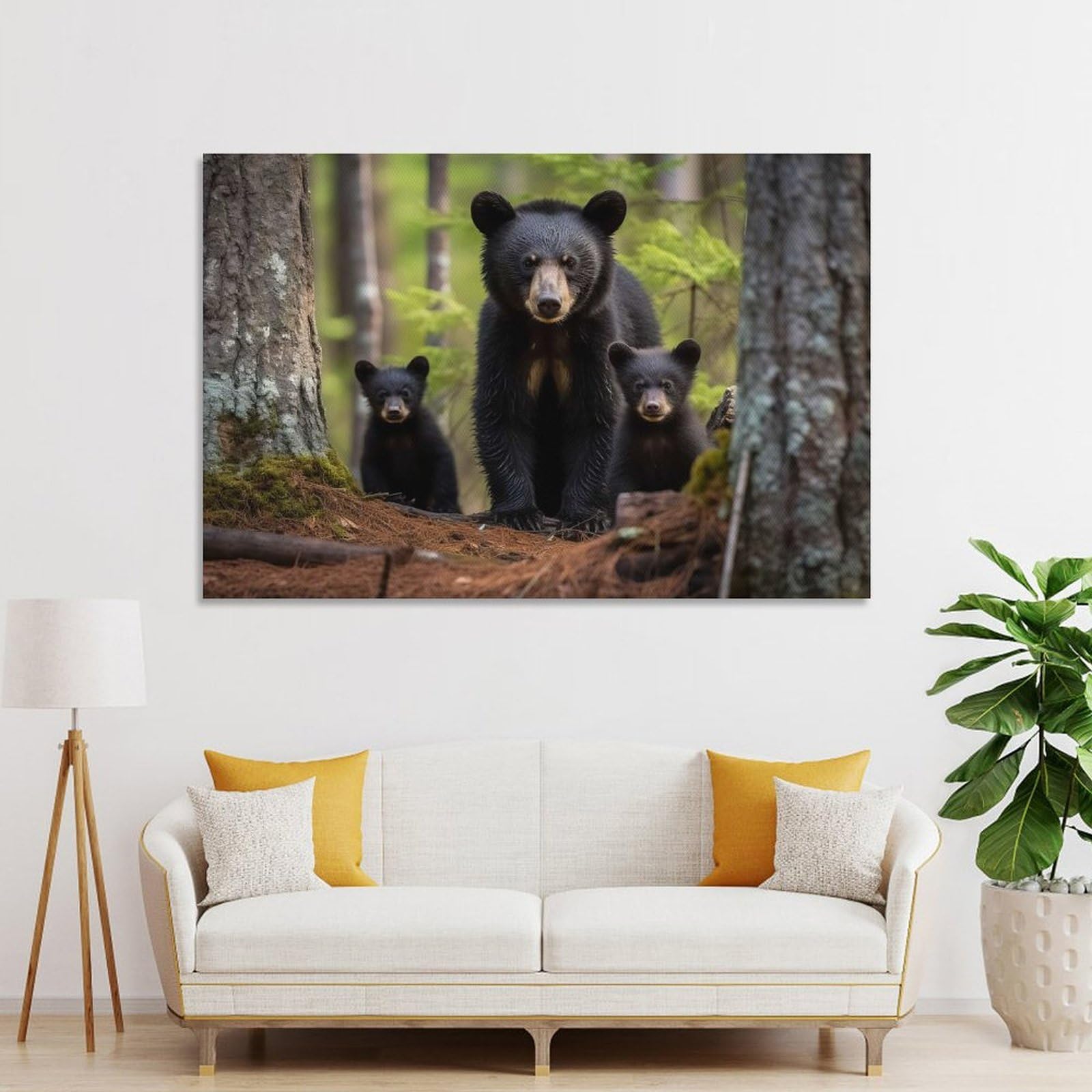 Junmoney Wall Art Print Black Bear With Cubs, 12x18inch(30x45cm), for Bedroom Decor, Cosy Corners Or Studios, Decorative Wall Art for Cosy Rooms