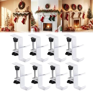Fireplace Stocking Hanger, Heavy Duty Mantle Garland Hanger Adjustable, Dual Hooks Design, Christmas Stocking Holder for Mantle White, Set of 8