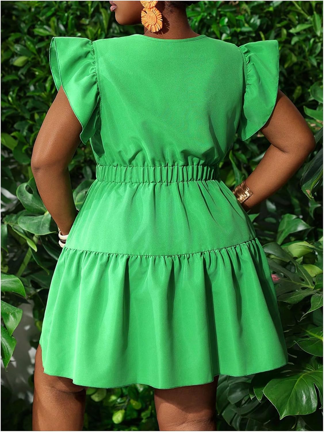 WDIRARA Women's Plus Size Bow Tie Ruffle Cap Sleeve Notch V Neck A Line Mini Dress - Image 2