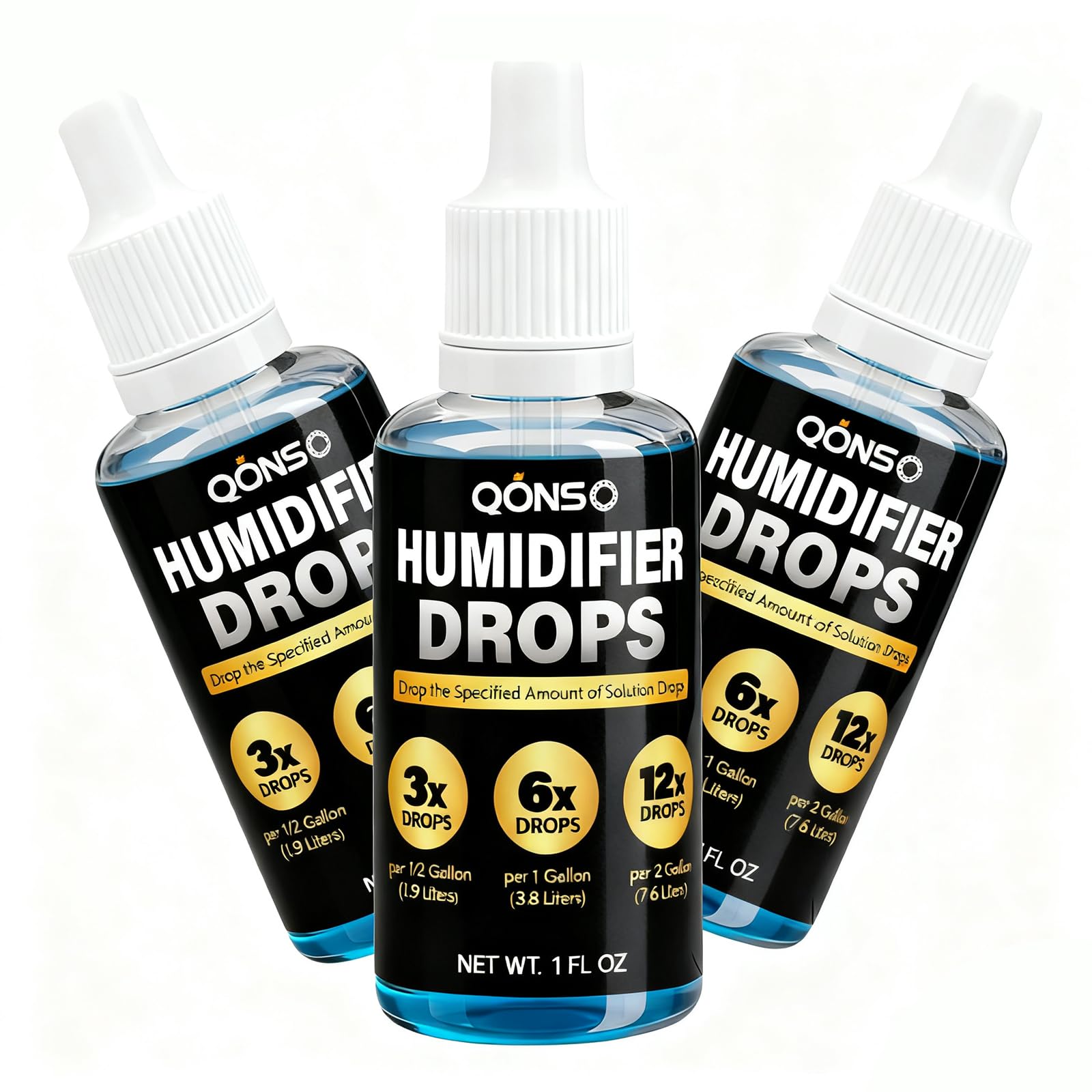 QONS Premium Humidifier Drops - Concentrate, Eliminates Scaling & Residue, Extends Humidifier Life, Freshens Water for All Models, 300+ Day Supply, 3PK