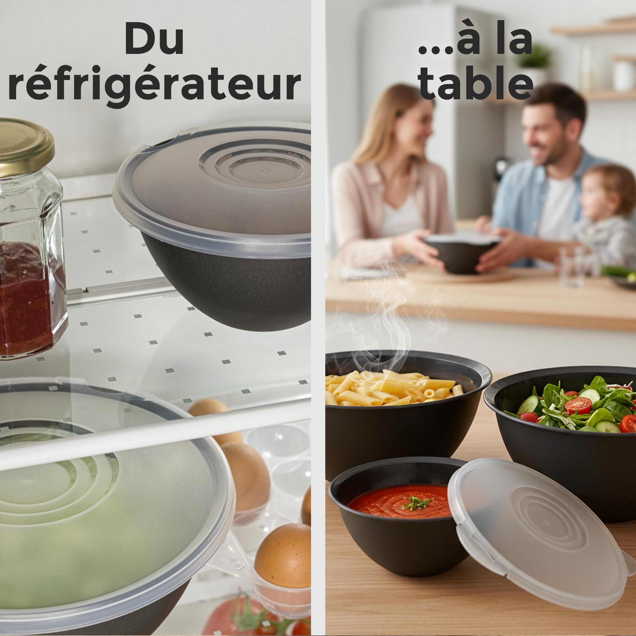 Hausfelder ensemble de saladiers avec couvercles 0,7-6l, set de saladier plastique noir, 4 grand bols sans bpa