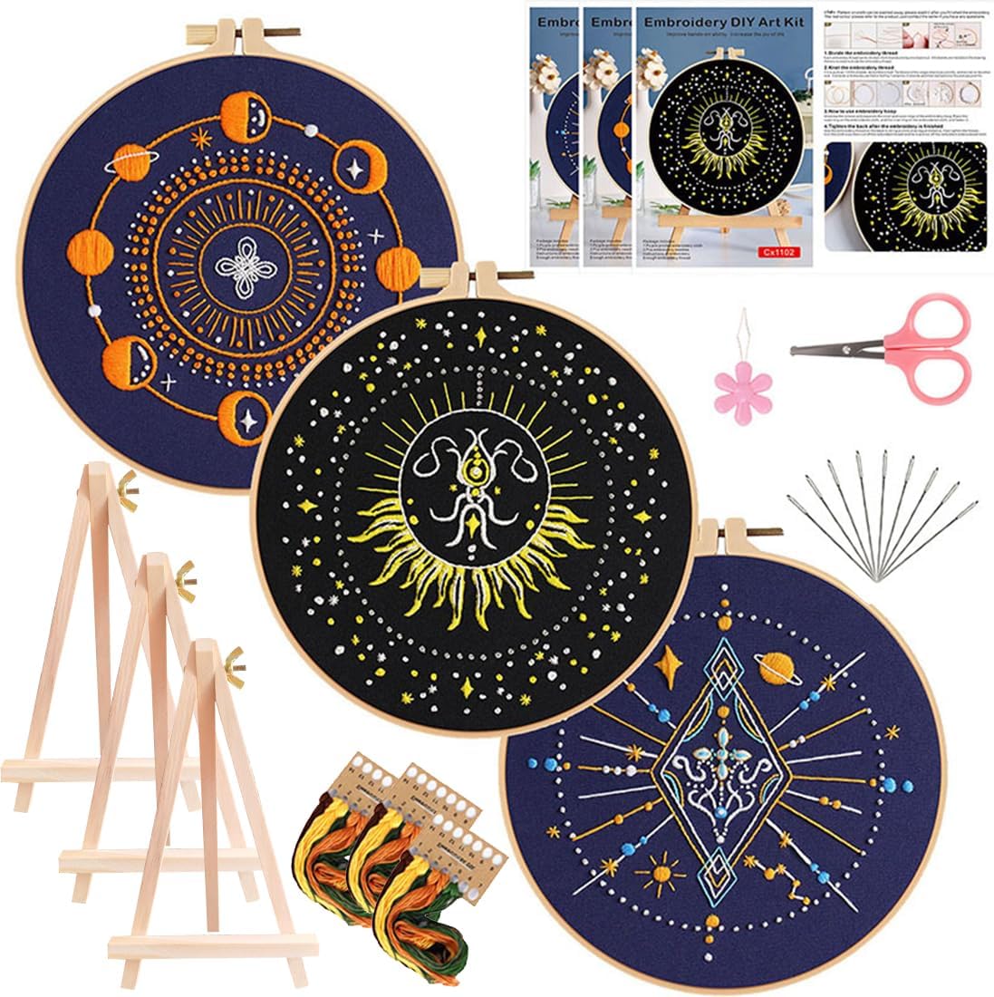 Qupace 3 Pcs Spring Flower Embroidery Kits for Beginners Adults,Cross Stitch Sewing Craft Set, 3 Embroidery Hoops,3 Finished Stands, Spring Floral Needlework Kit