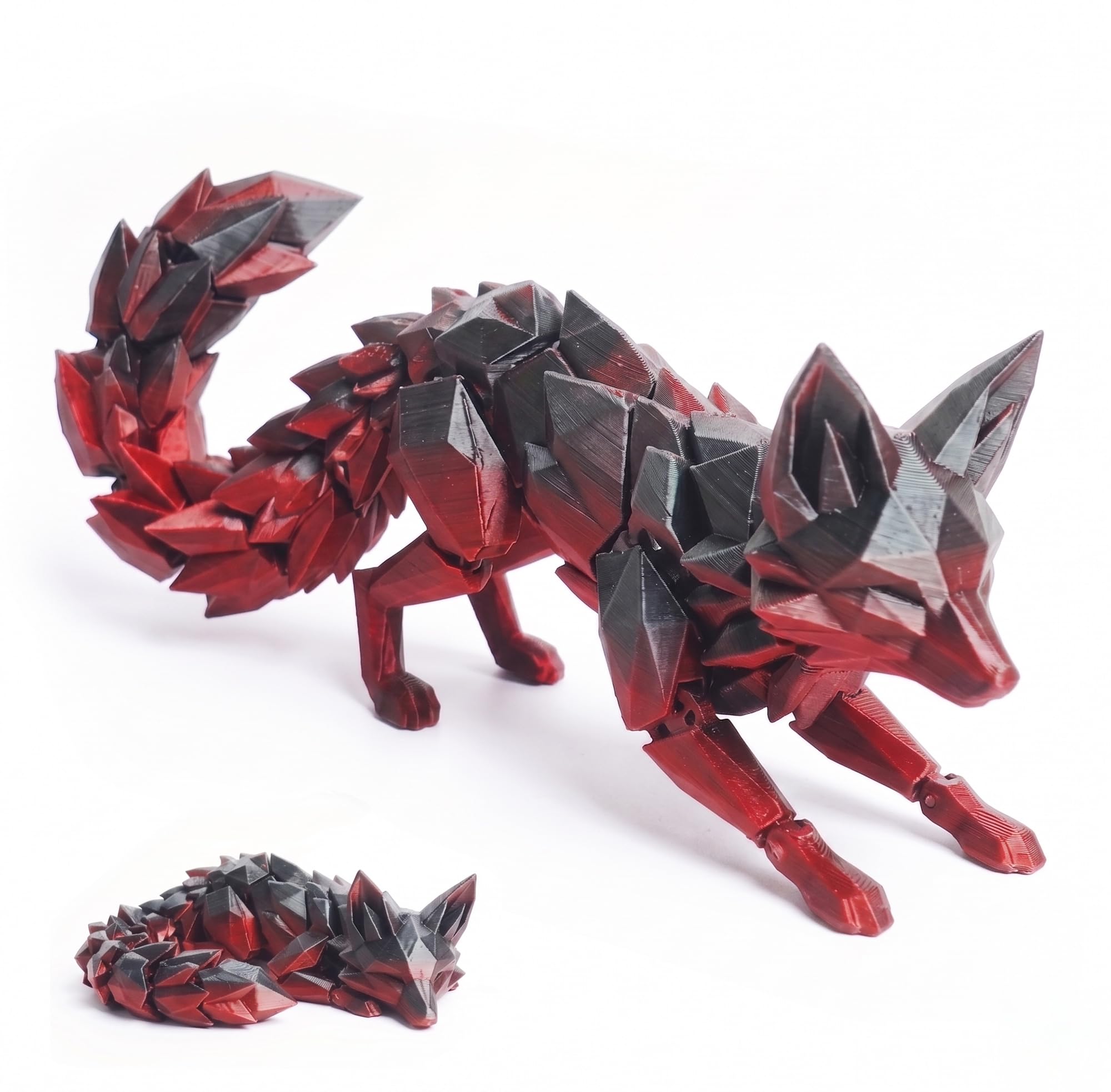 3D Printed Articulated Fox Figurine, Animal Fidget Toy with Movable Joints, Geometric Desktop Ornament for Home Office Shelf Decor (Red,S)