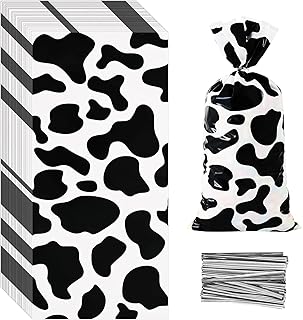 100 Pcs Cow Print Treat Bags Cow Cellophane Candy Bags Plastic Goodie Storage Bags Farm Animal Party Favor Bags with Twist Ties for Cow Theme Birthday Party Supplies