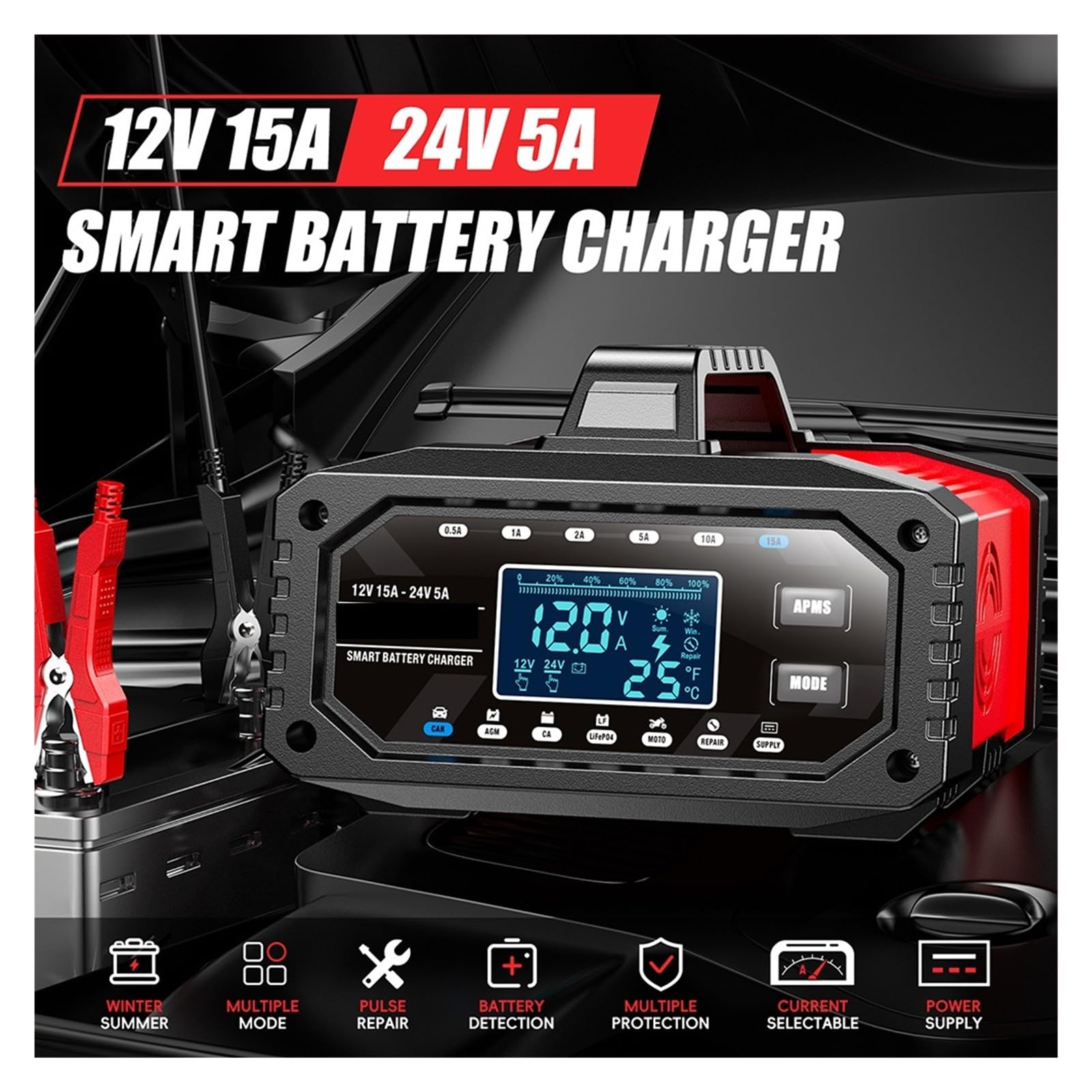 Ładowarka Baterii, Ładowarka akumulatorów 12 V/24 V z trybem zasilania 12 V do samochodów osobowych, ciężarowych, łodzi, motocykli