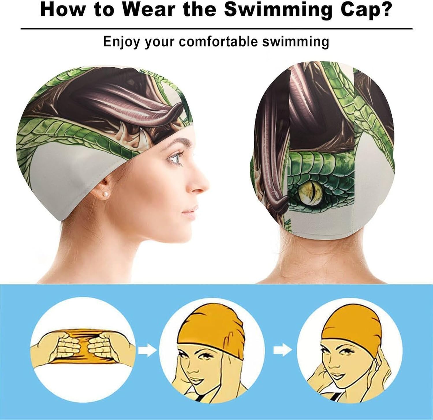 Green Snake Womens Swim Cap for Men Adult Swimming Hat Curly Short Medium Long Hair